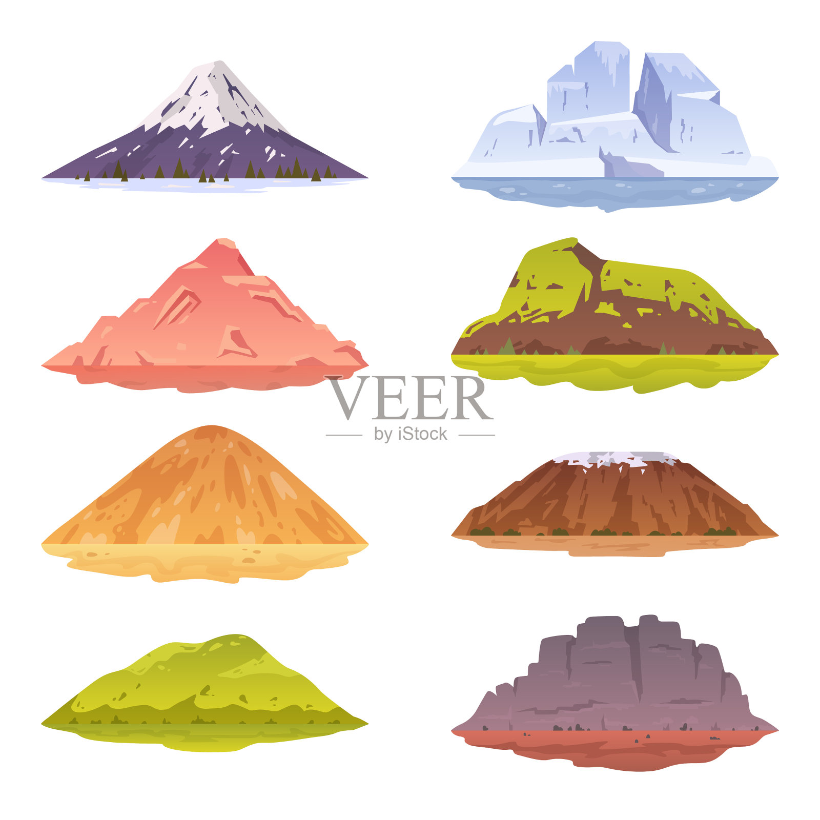 一套孤立的卡通山图标插画图片素材