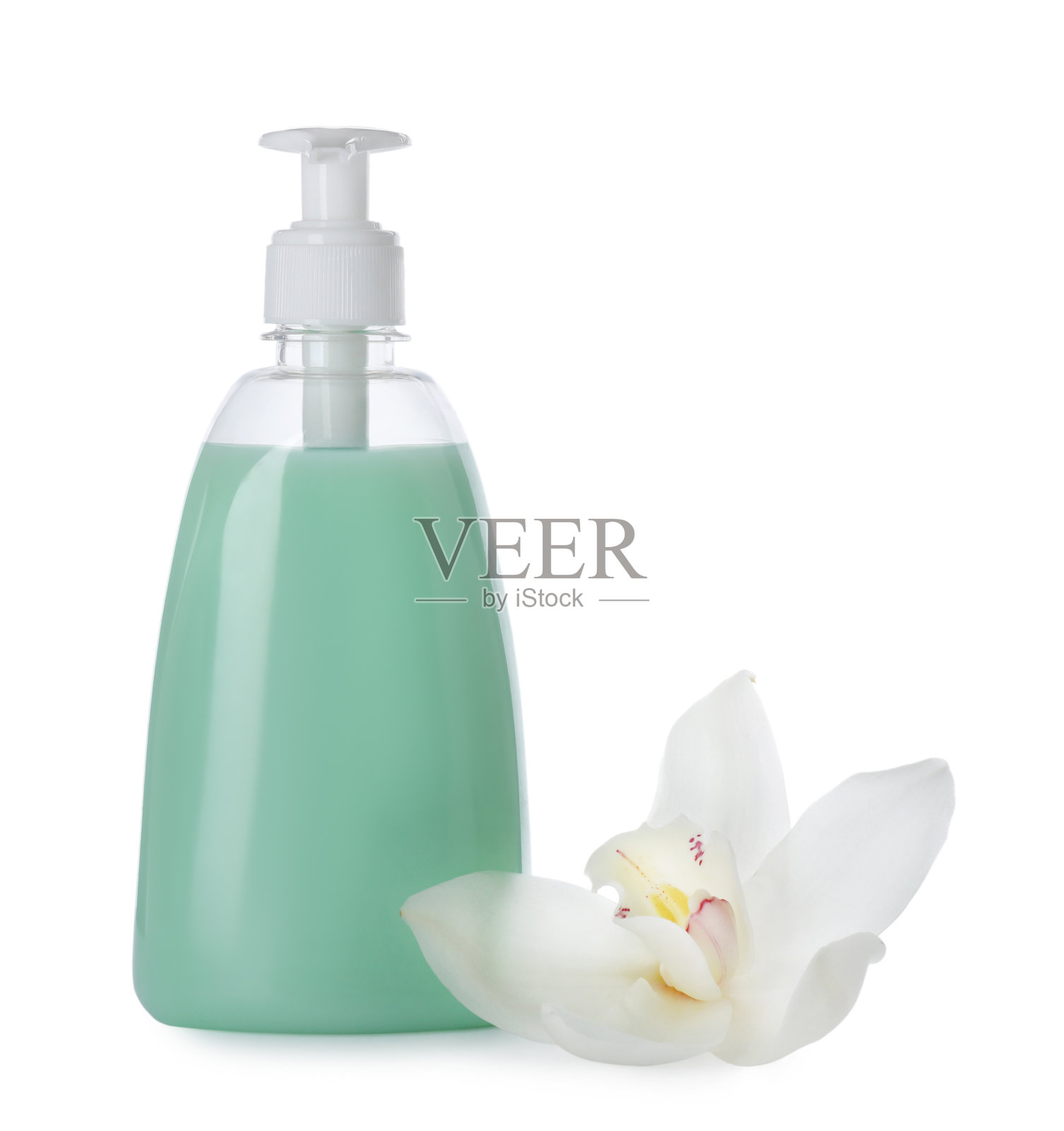 液体肥皂和兰花白色背景的分配器照片摄影图片