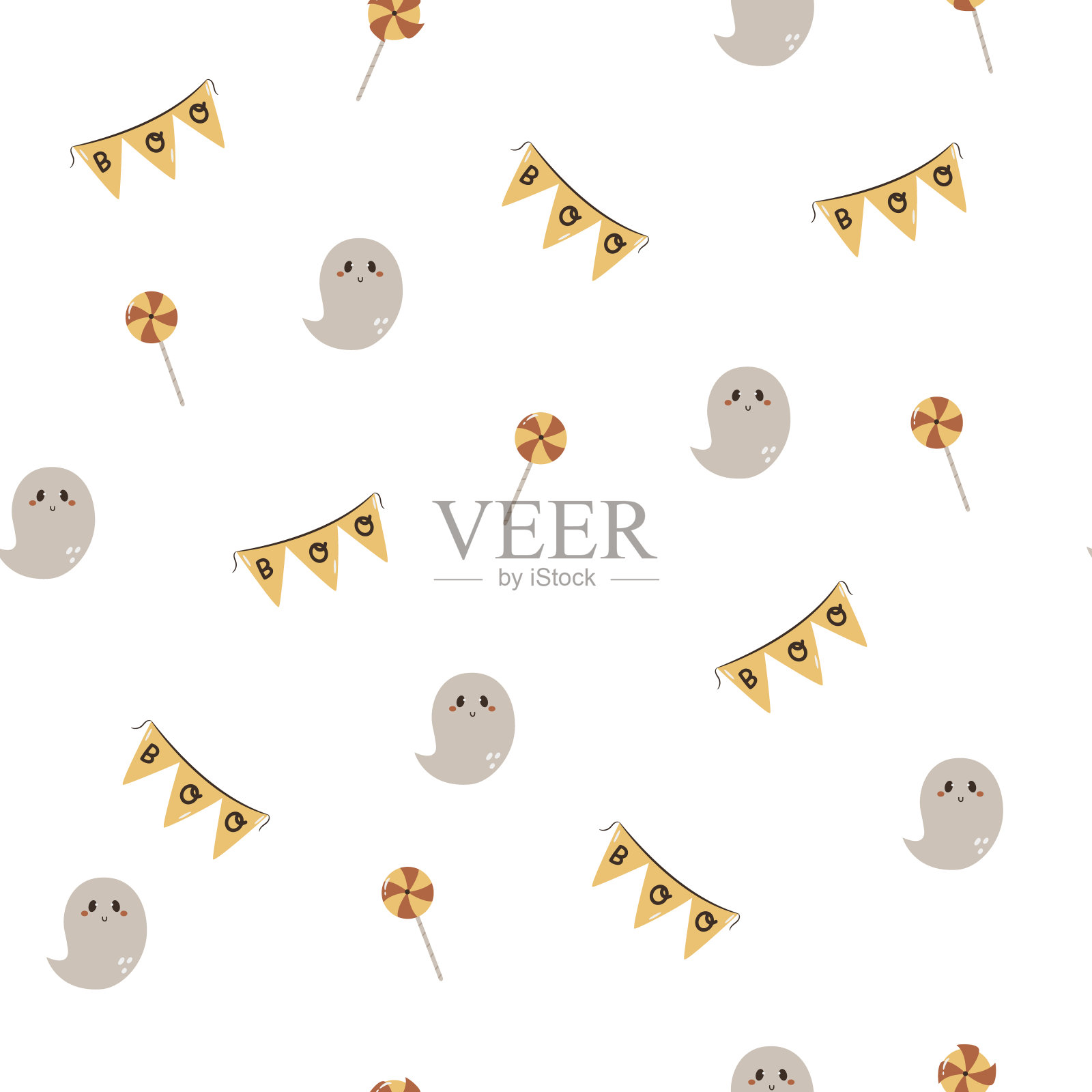 万圣节无缝纸与可爱的鬼，装饰横幅，糖果在白色背景。插画图片素材