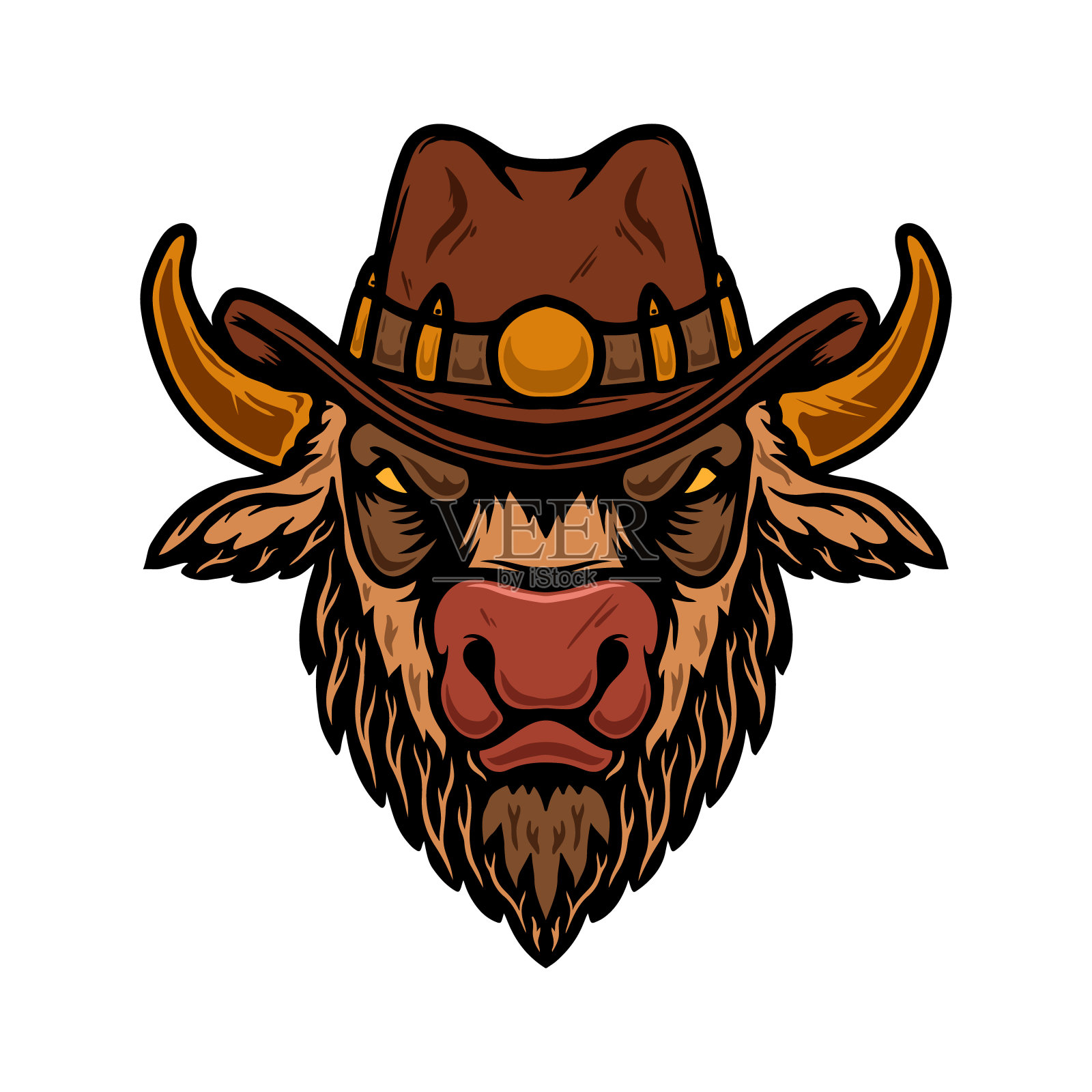 水牛戴牛仔帽的插图。设计元素为海报，t恤，标志。矢量图插画图片素材