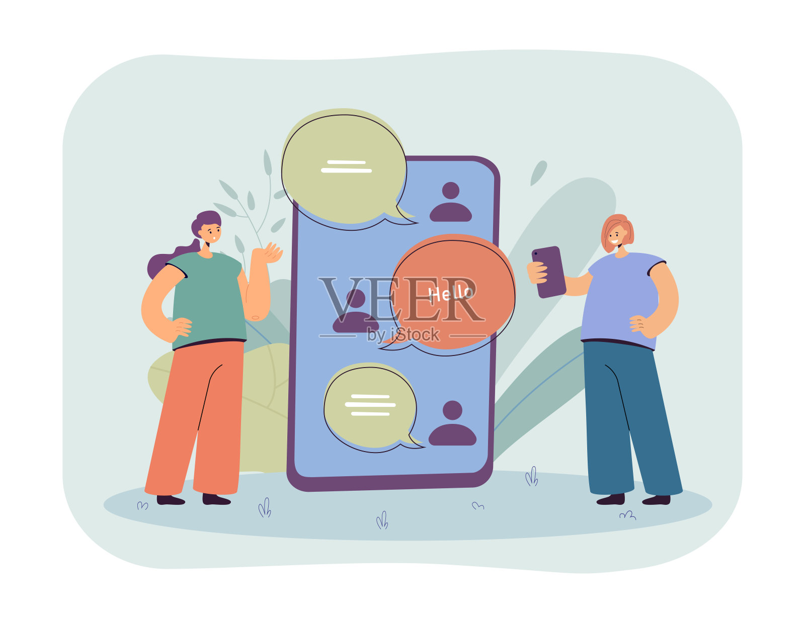 站在屏幕上有对话的巨大电话旁的女人插画图片素材