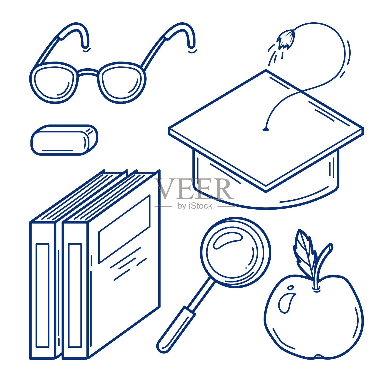 设置毕业帽和其他学校对象在素描风格，孤立在白色背景插画图片素材