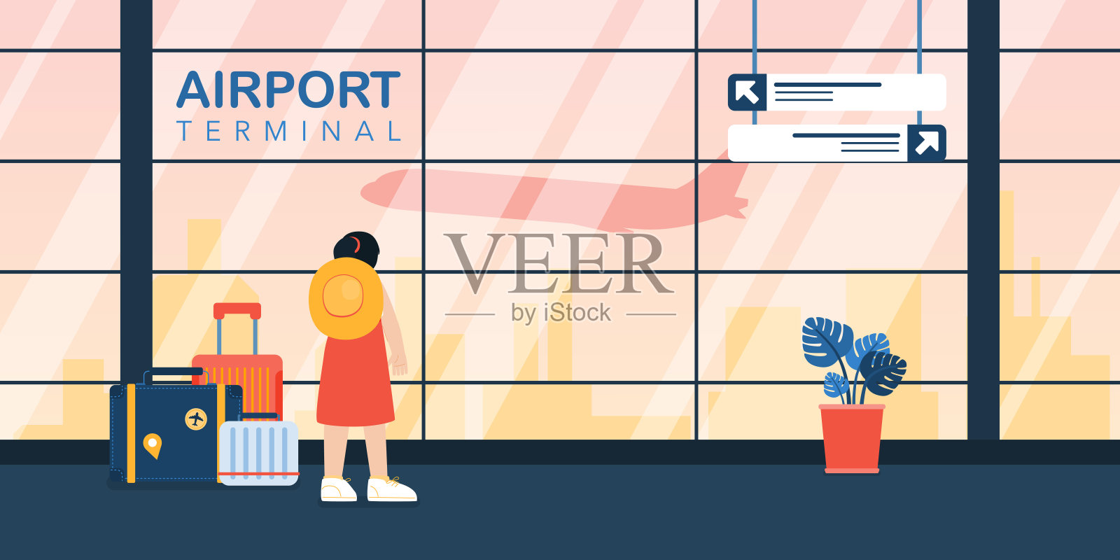 女性手提箱和行李看窗外飞行的飞机，矢量，插图插画图片素材