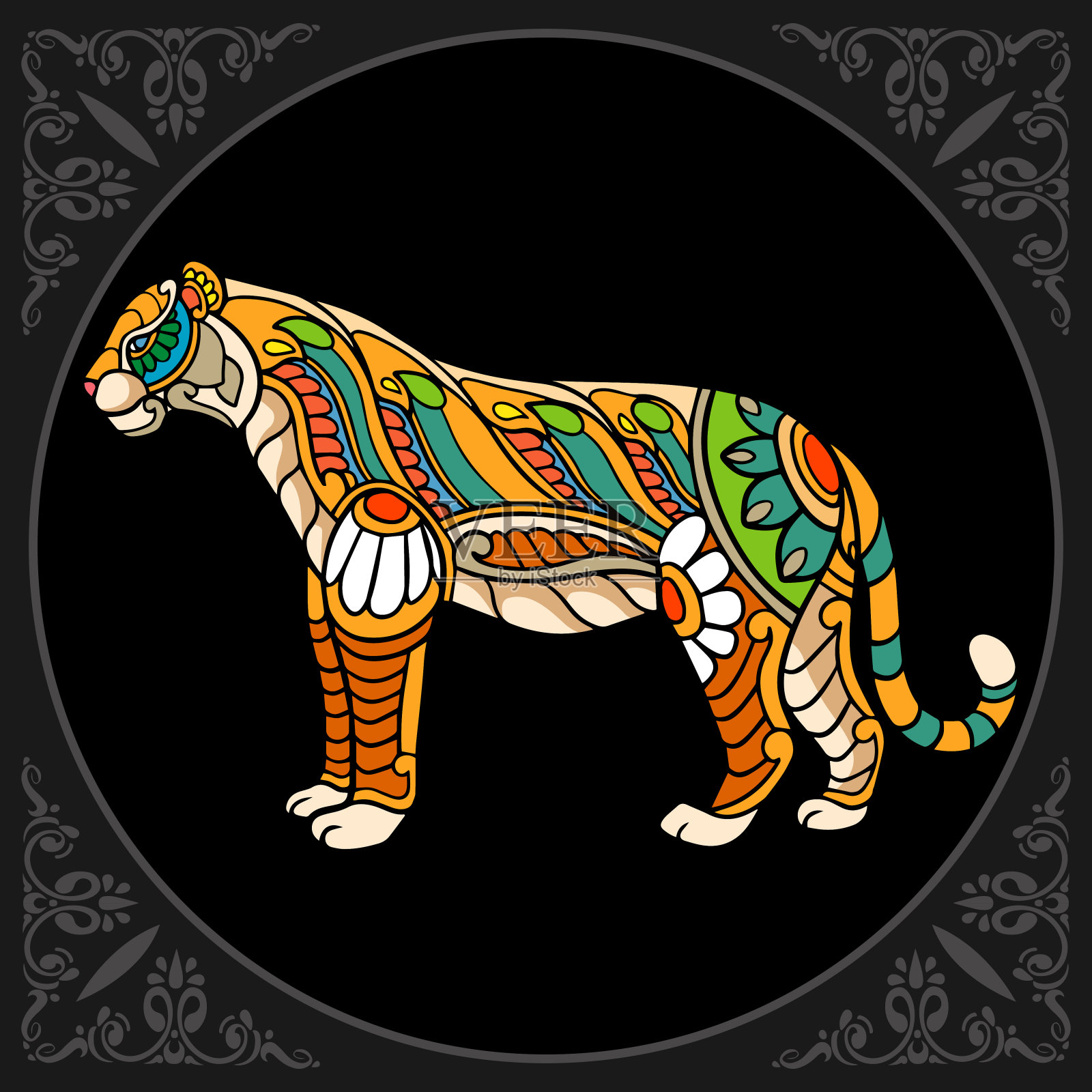 彩色老虎艺术孤立在黑色背景插画图片素材