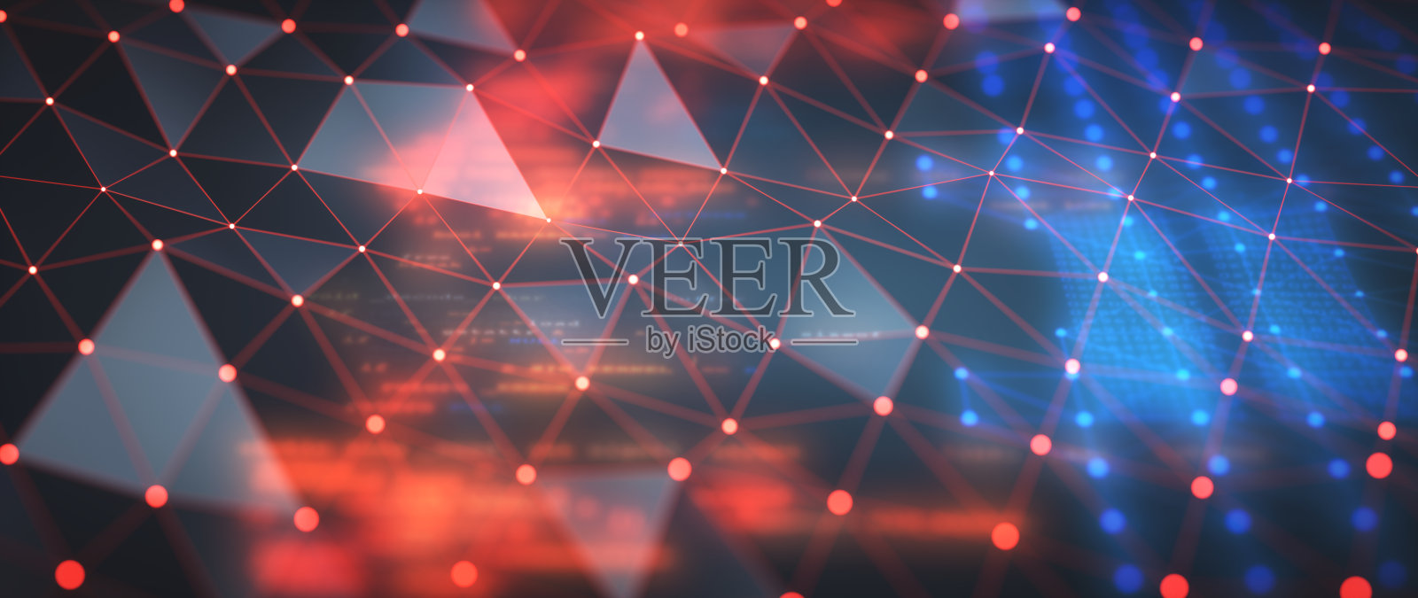 红色三角网格网格表面与高度散焦和发光的计算机代码网络下面。照片摄影图片