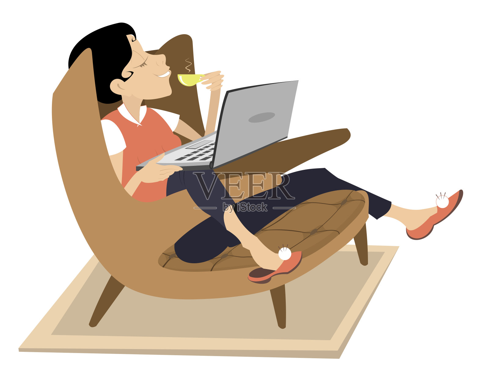 年轻人，笔记本电脑，扶手椅，一杯咖啡或茶插画图片素材