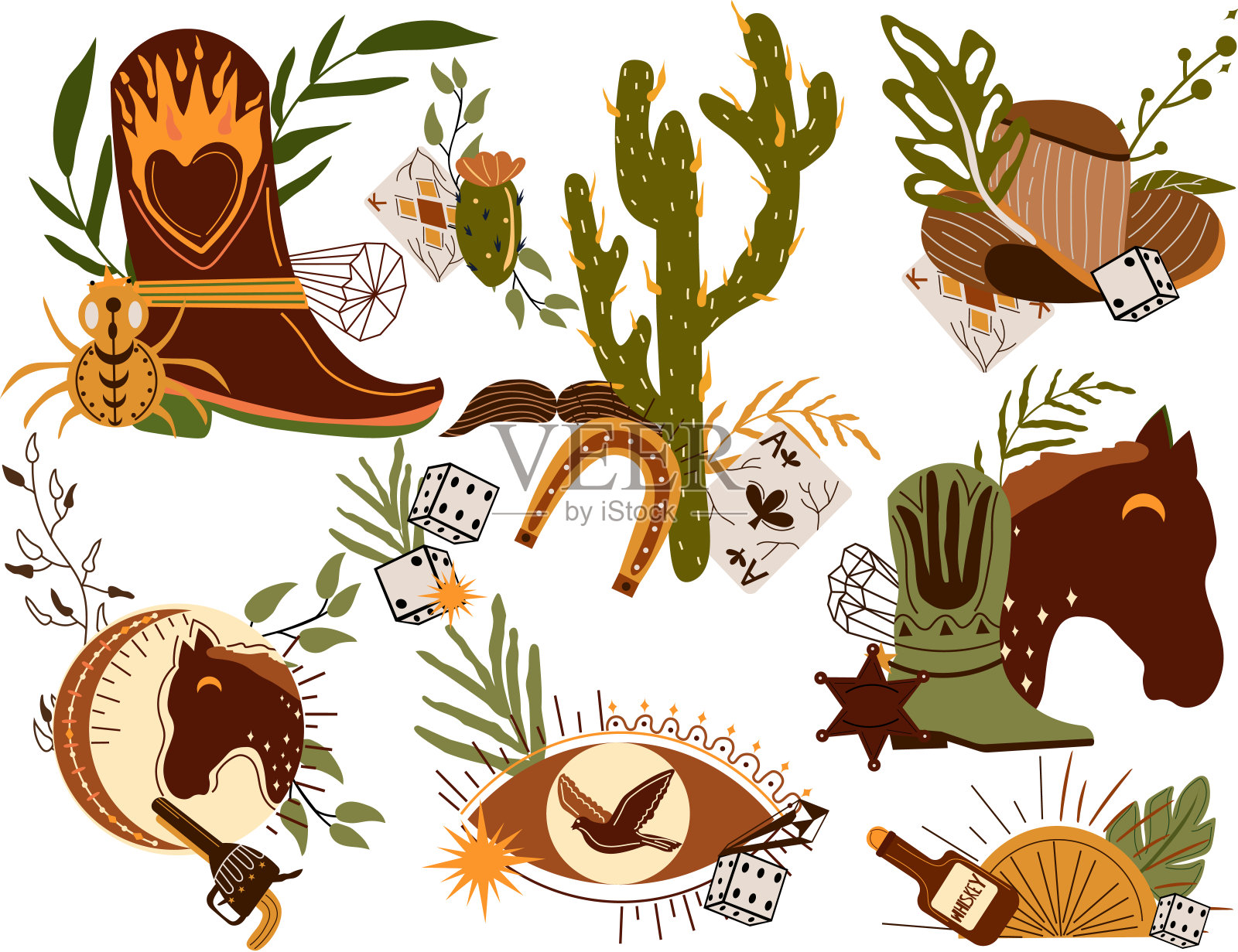 集牛仔帽、扑克牌、野马头、骰子、飞鹰等为一体的西部蛮荒构图。更古老的西部平原风格。矢量图插画图片素材
