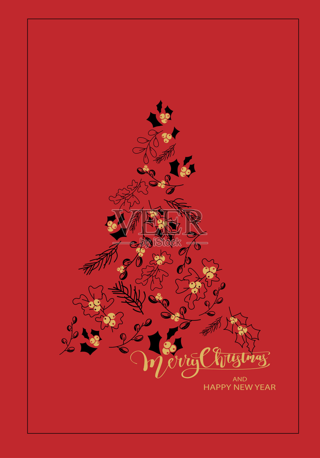 向量。圣诞快乐和新年快乐花卉背景，文字设计。乡村垂直模板的圣诞卡，派对邀请和其他促销项目。手绘草图。设计模板素材