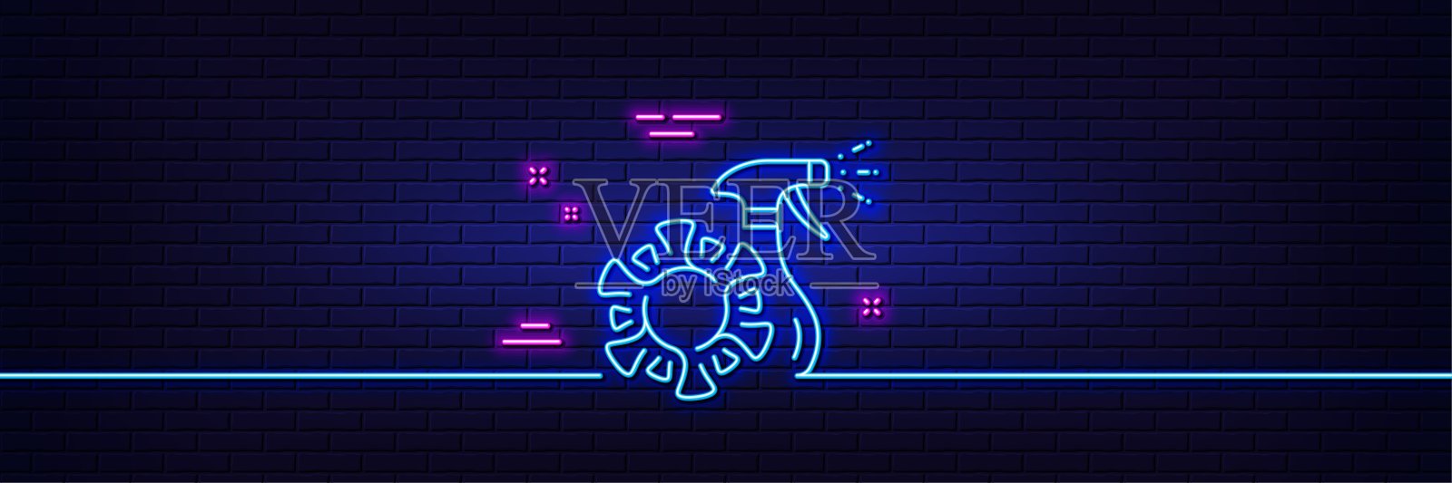 冠状病毒喷雾消毒剂系列图标。Covid病毒的迹象。霓虹灯发光效果。向量插画图片素材