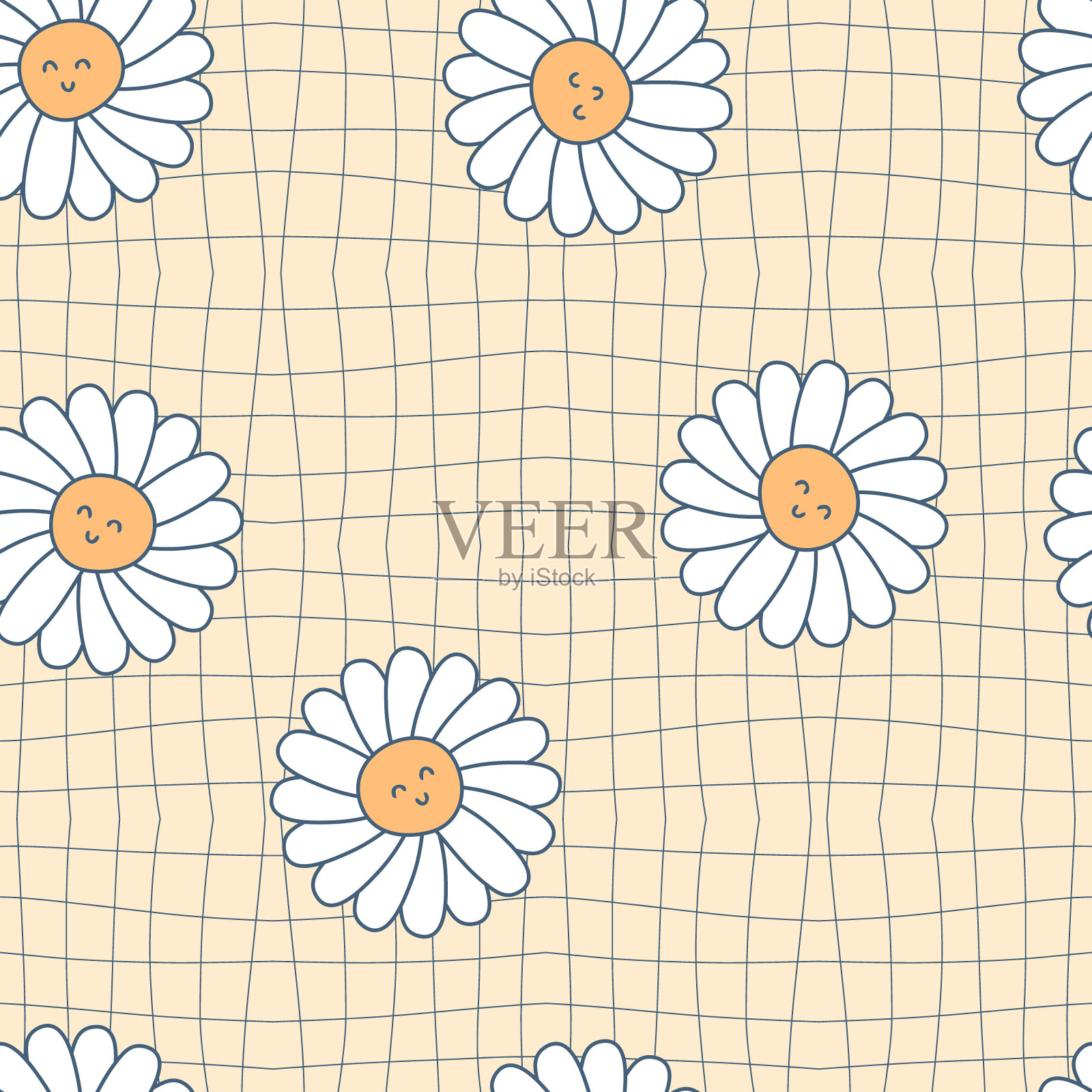 1960年风格的雏菊花与虚幻的网格无缝图案。童稚的文字印着快乐的情感。儿童矢量插图装饰和设计。插画图片素材