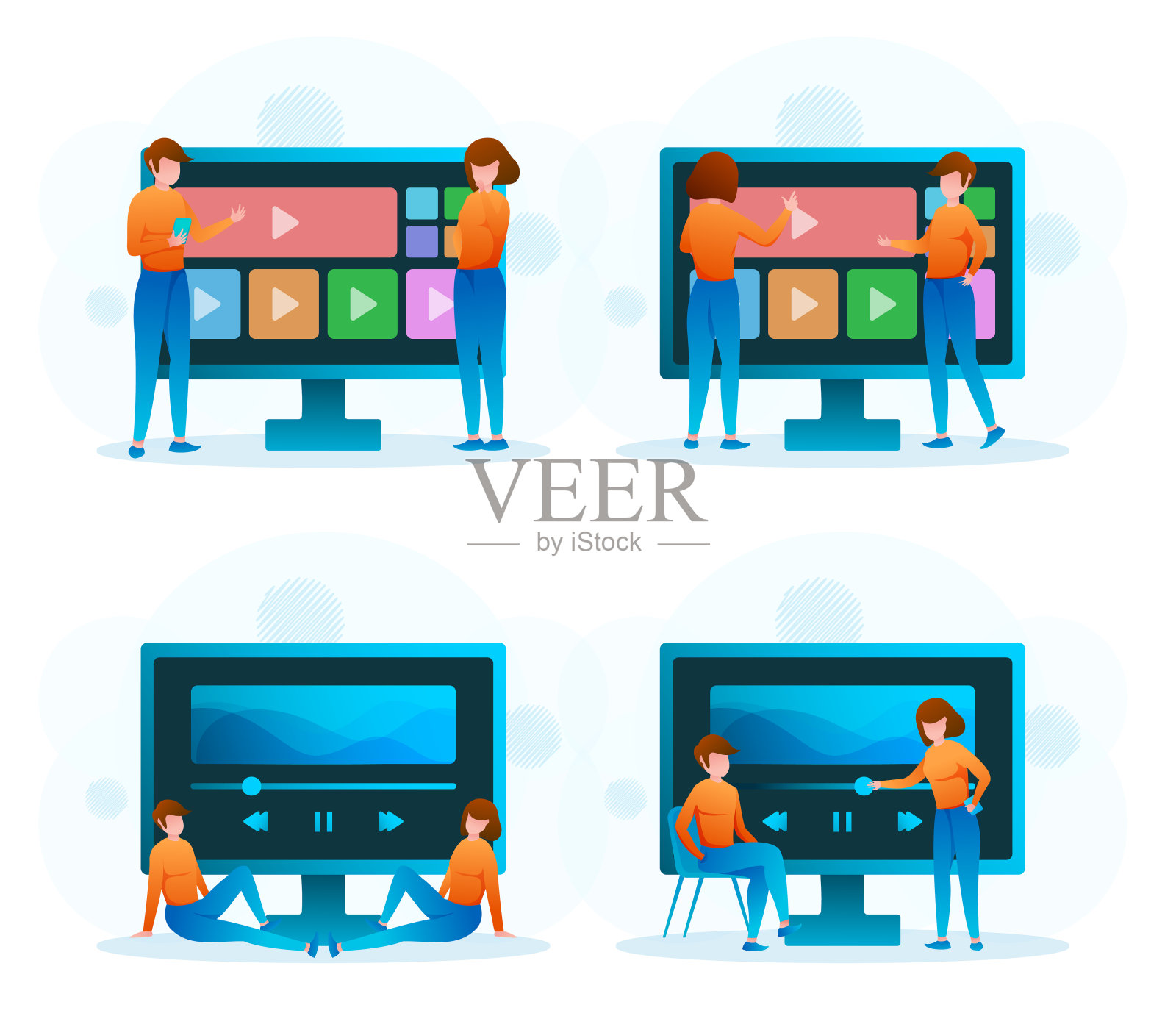 女人查看视频和音乐在线蒸和教程从频道或博客的博主和Vlogger插画图片素材