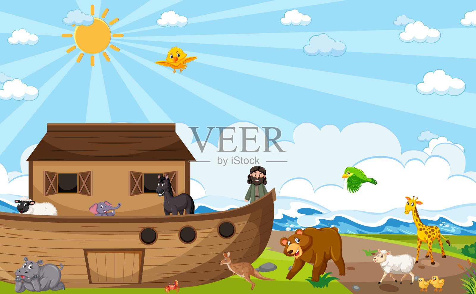 诺亚方舟与野生动物的自然场景插画图片素材