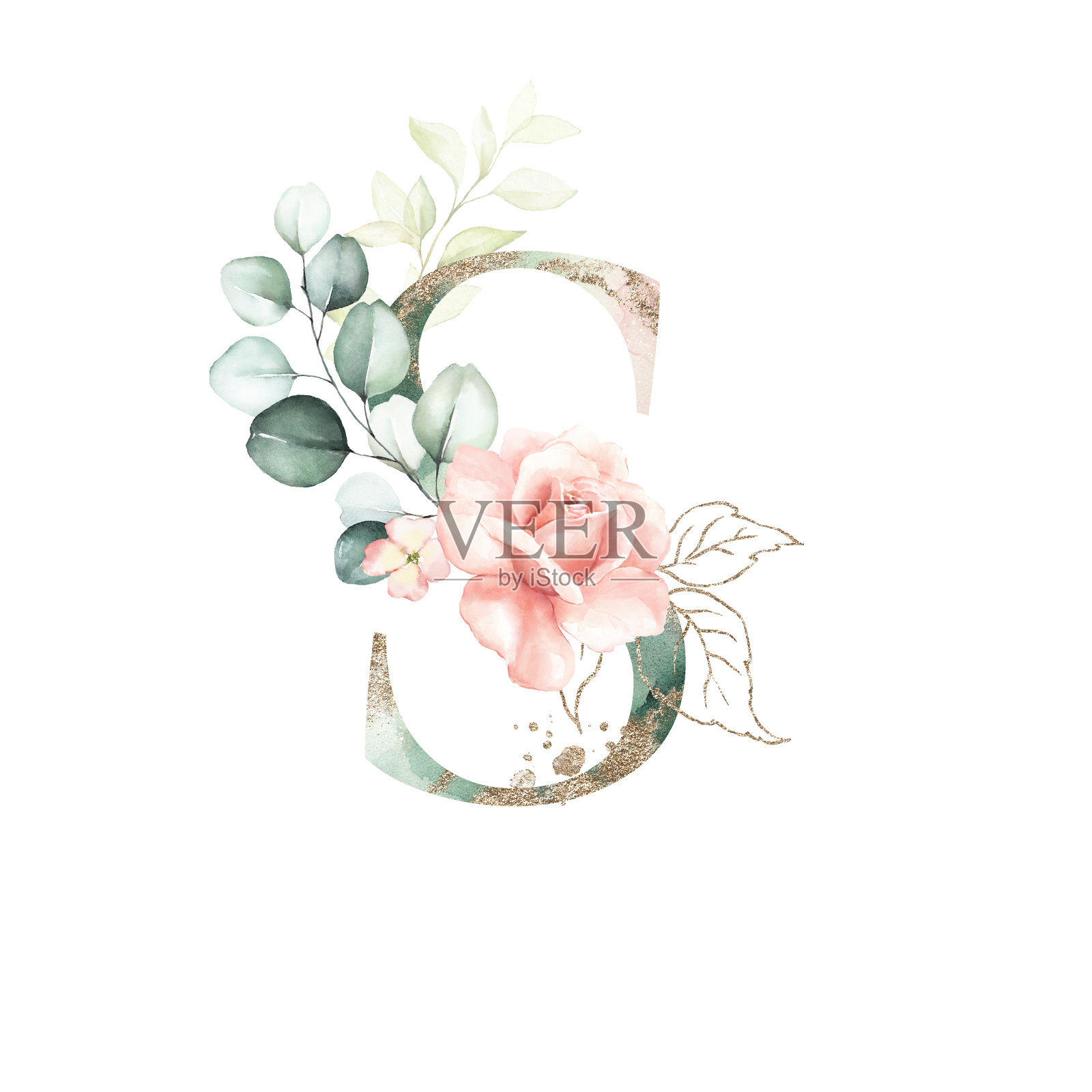 水彩金绿色腮红花字母字母符号大写S设计元素图片