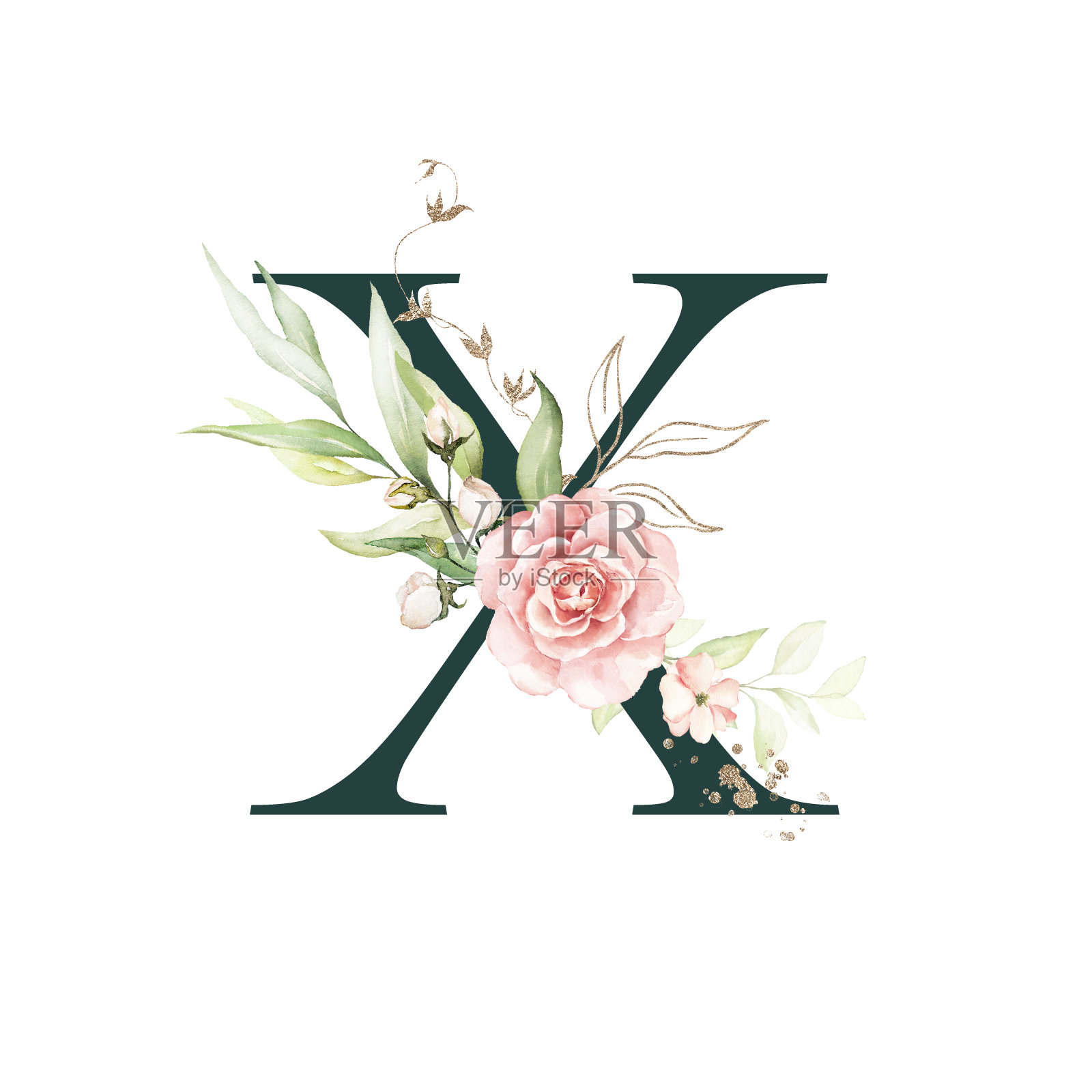 水彩金绿色腮红花字母字母符号-大写X设计元素图片