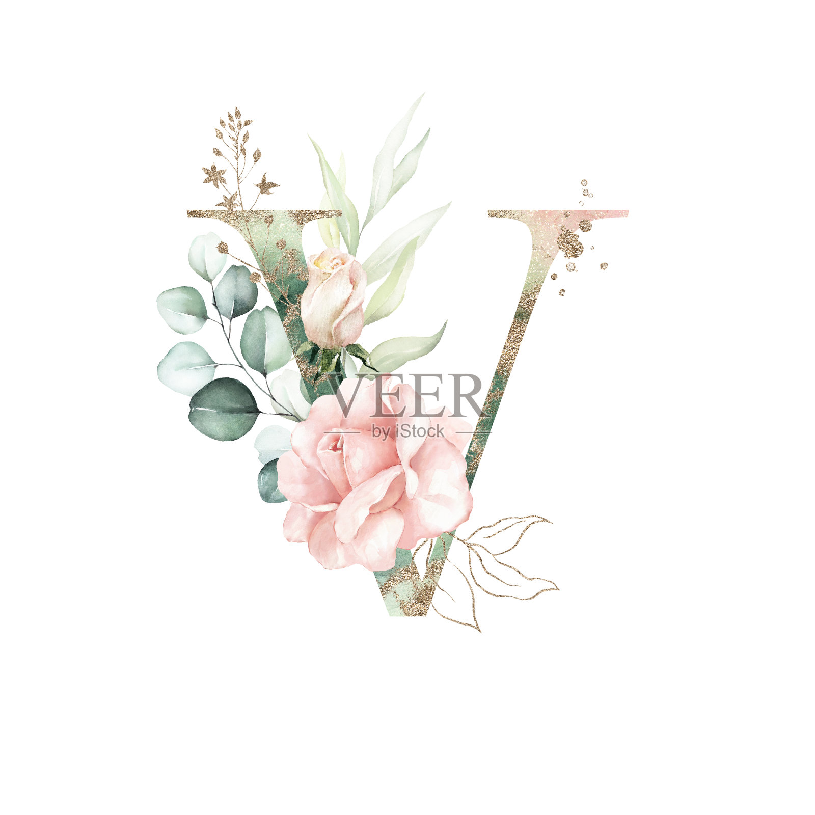 水彩金绿色腮红花字母字母符号-大写V设计元素图片