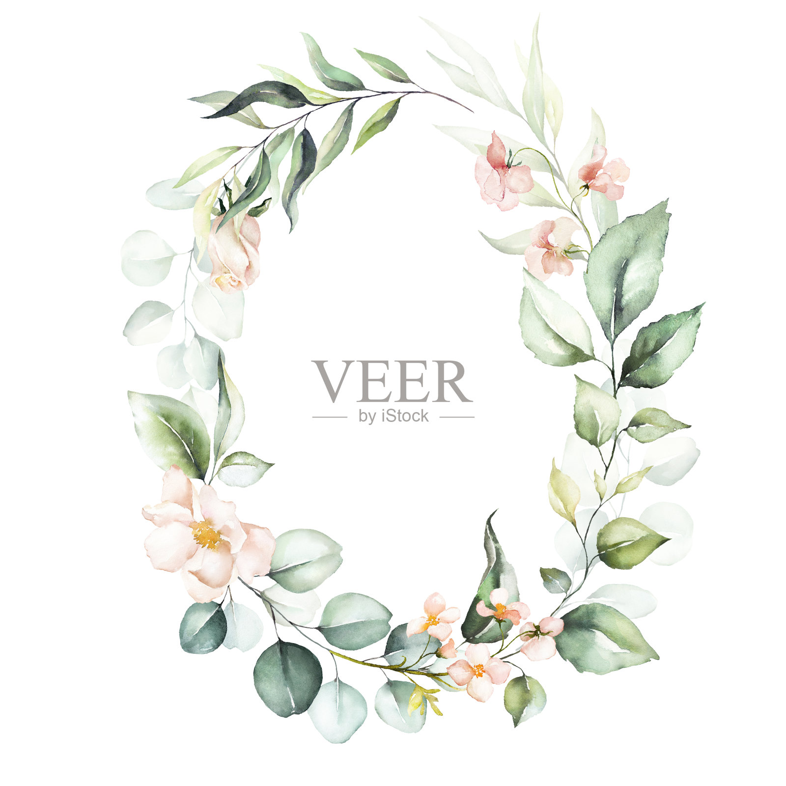 水彩花圈/框架，绿色的叶子，粉红色的桃红的花朵和树枝。插画图片素材