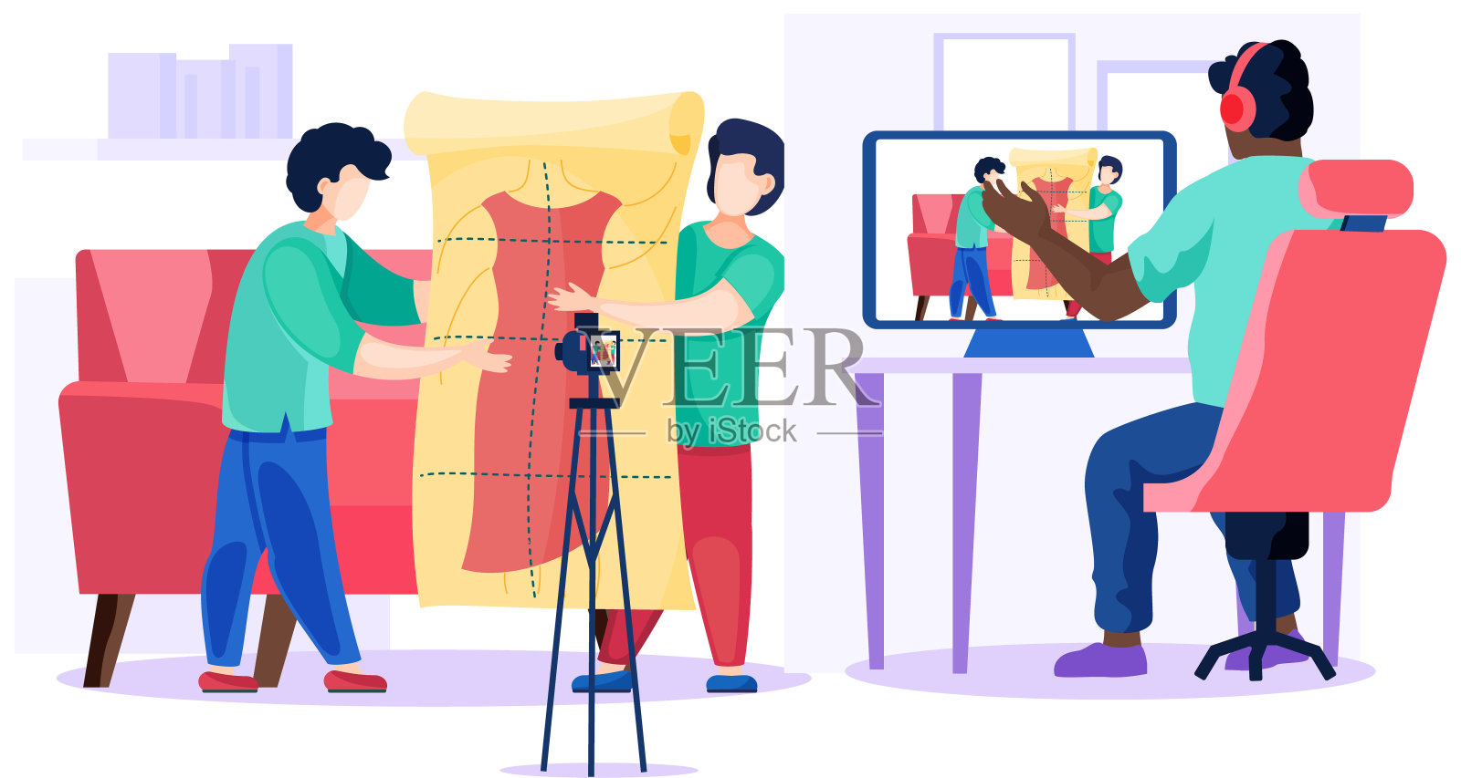 女孩们正在试穿衣服。设计师根据图纸制作衣服。人员比较订单插画图片素材