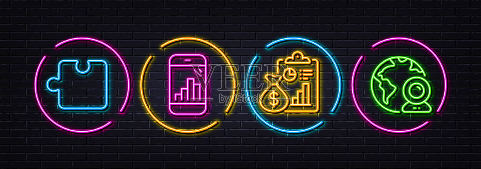 报告，图形电话和拼图最小线图标。对于web应用程序，打印。氖激光3d灯。向量插画图片素材