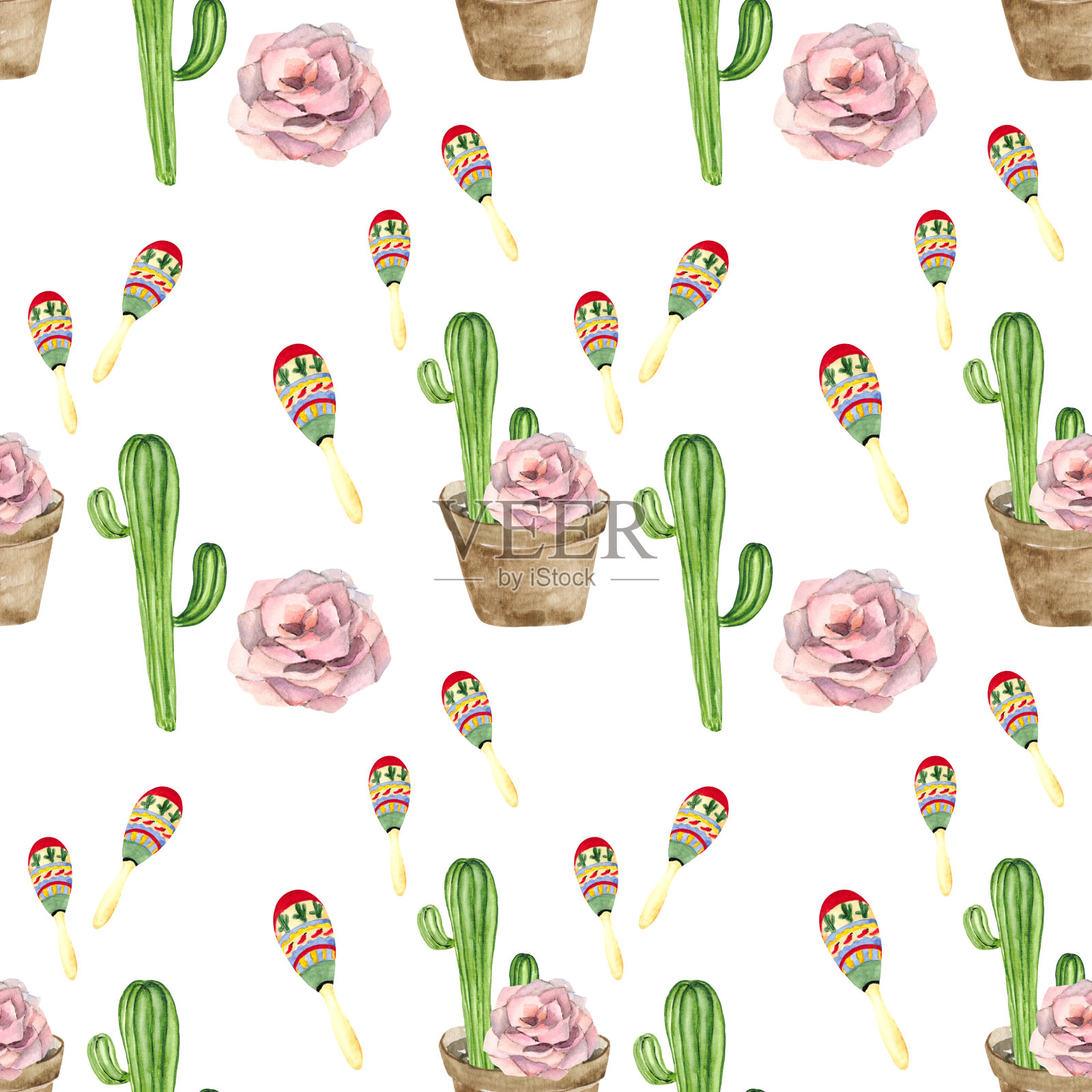 无缝图案的绿色仙人掌花盆，粉红色的花朵和沙球。水彩背景纺织品，墙纸，包装，办公室和床上用品。插画图片素材