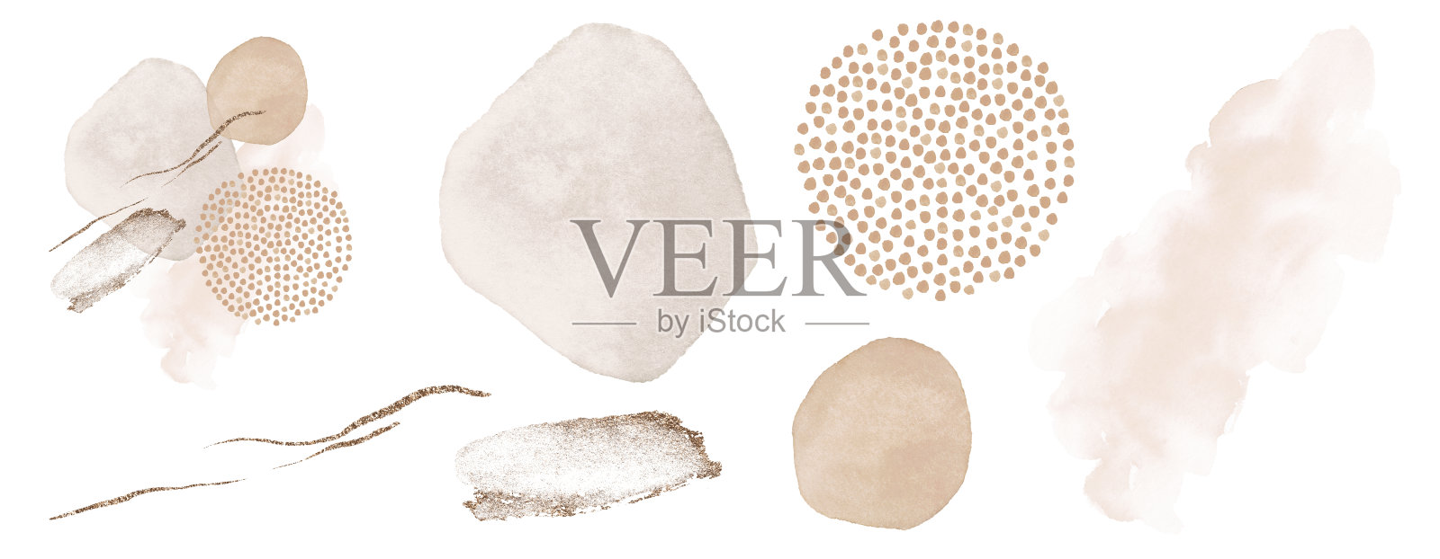 抽象的元素。数码打印。腮红，粉红色，象牙色，米色水彩插图和金色元素，在白色背景。插画图片素材