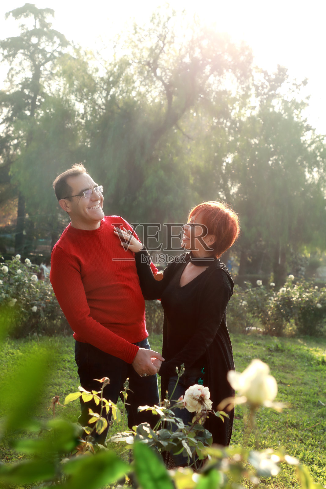 户外肖像成熟夫妇在阳光绿色的花园照片摄影图片