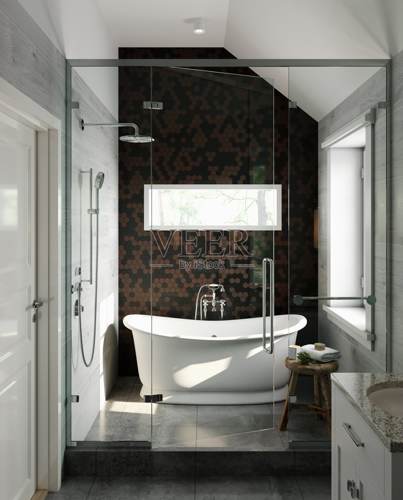 现代浴室的内部，有棕色和黑色的瓷砖墙和白色的浴缸。经典的风格。三维渲染照片摄影图片