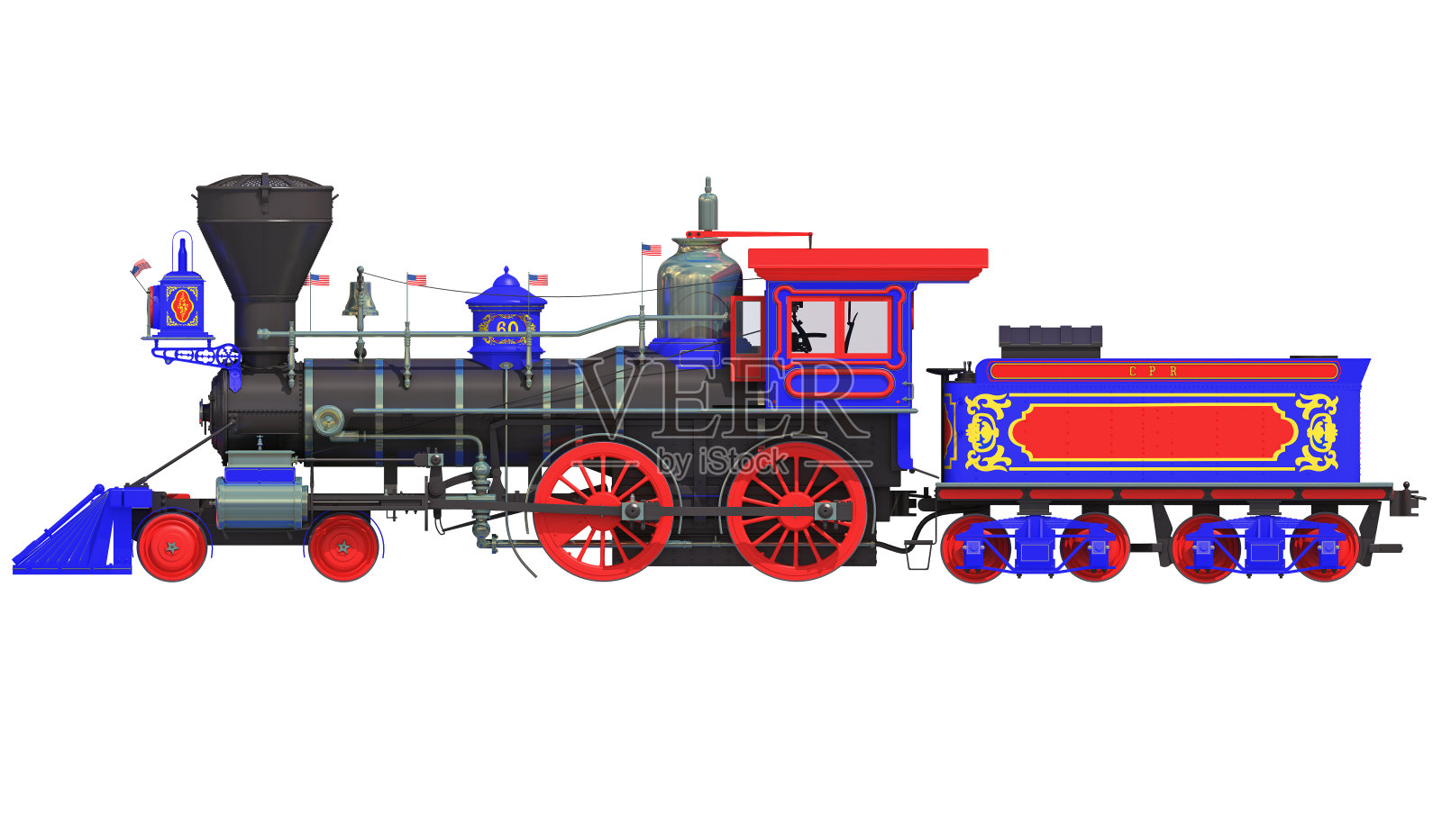 复古蒸汽旧火车机车3d渲染在白色背景上插画图片素材