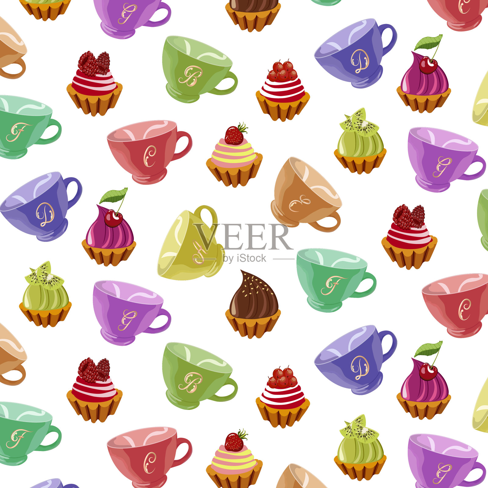 五彩缤纷的杯子和蛋糕插画图片素材