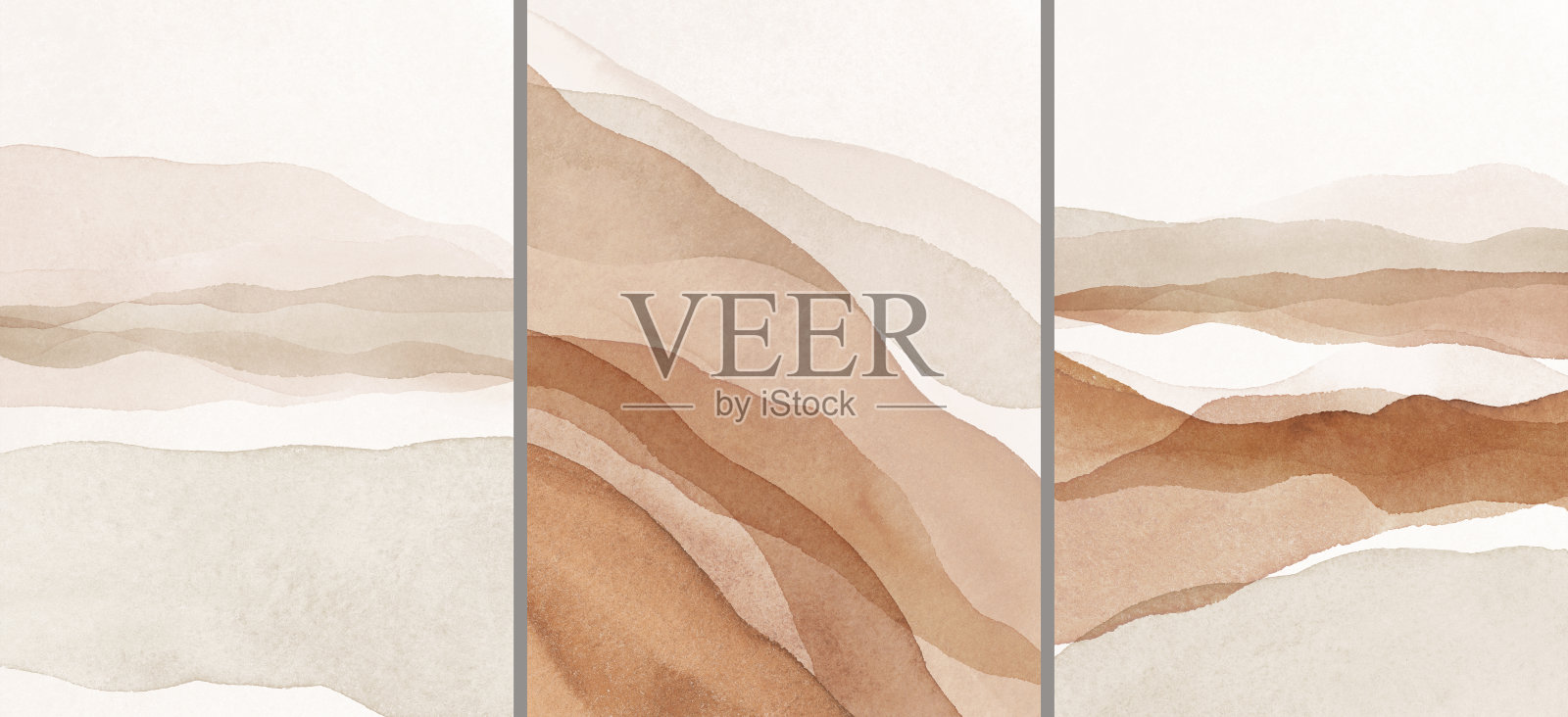 抽象的安排。风景,沙漠,山脉。数码打印设置。海报。陶土，腮红，粉红色，桃红色，灰色，象牙色，米色水彩插图和黄金元素。插画图片素材