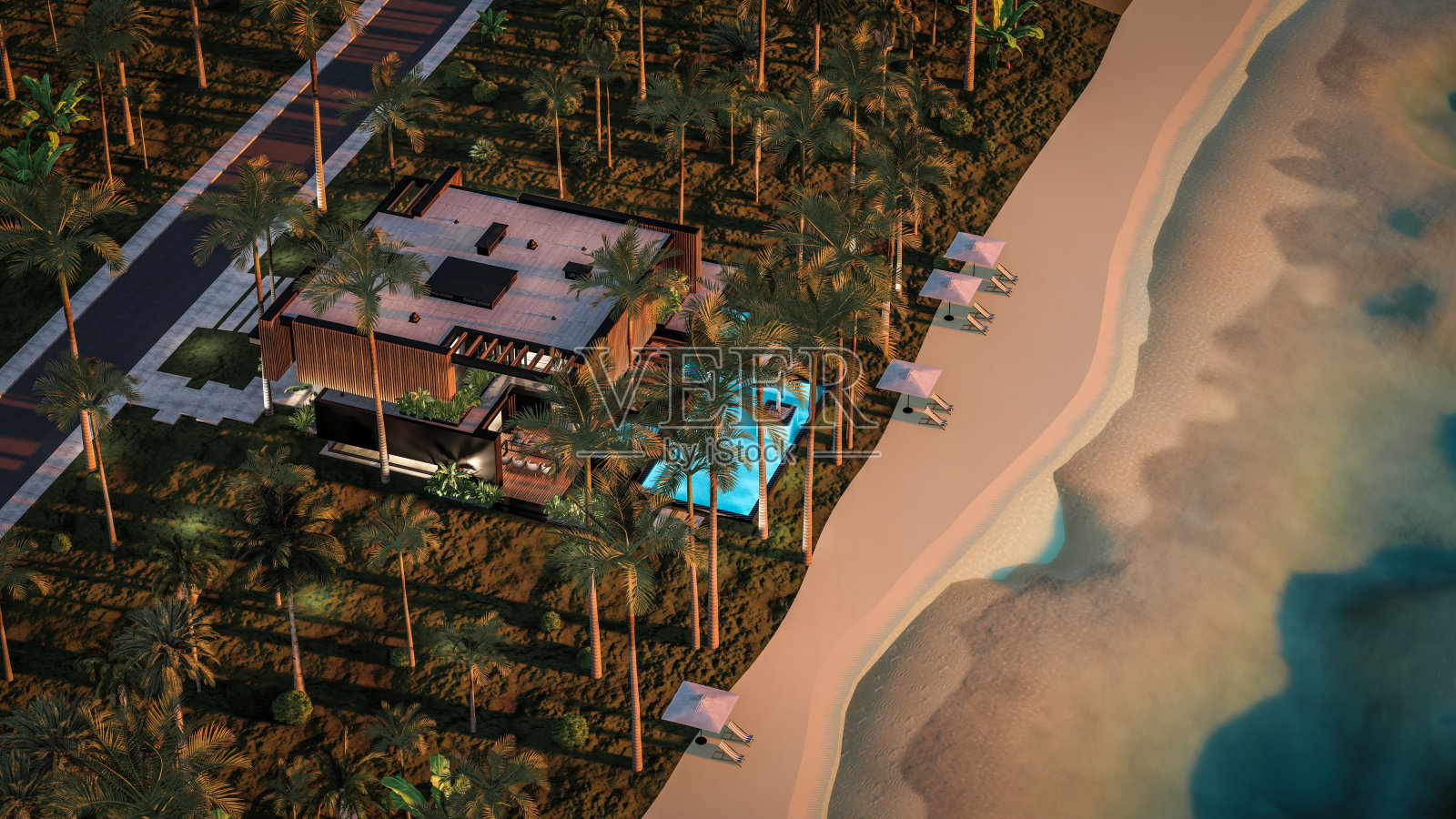 日落时海边木板外墙的现代住宅3D渲染照片摄影图片