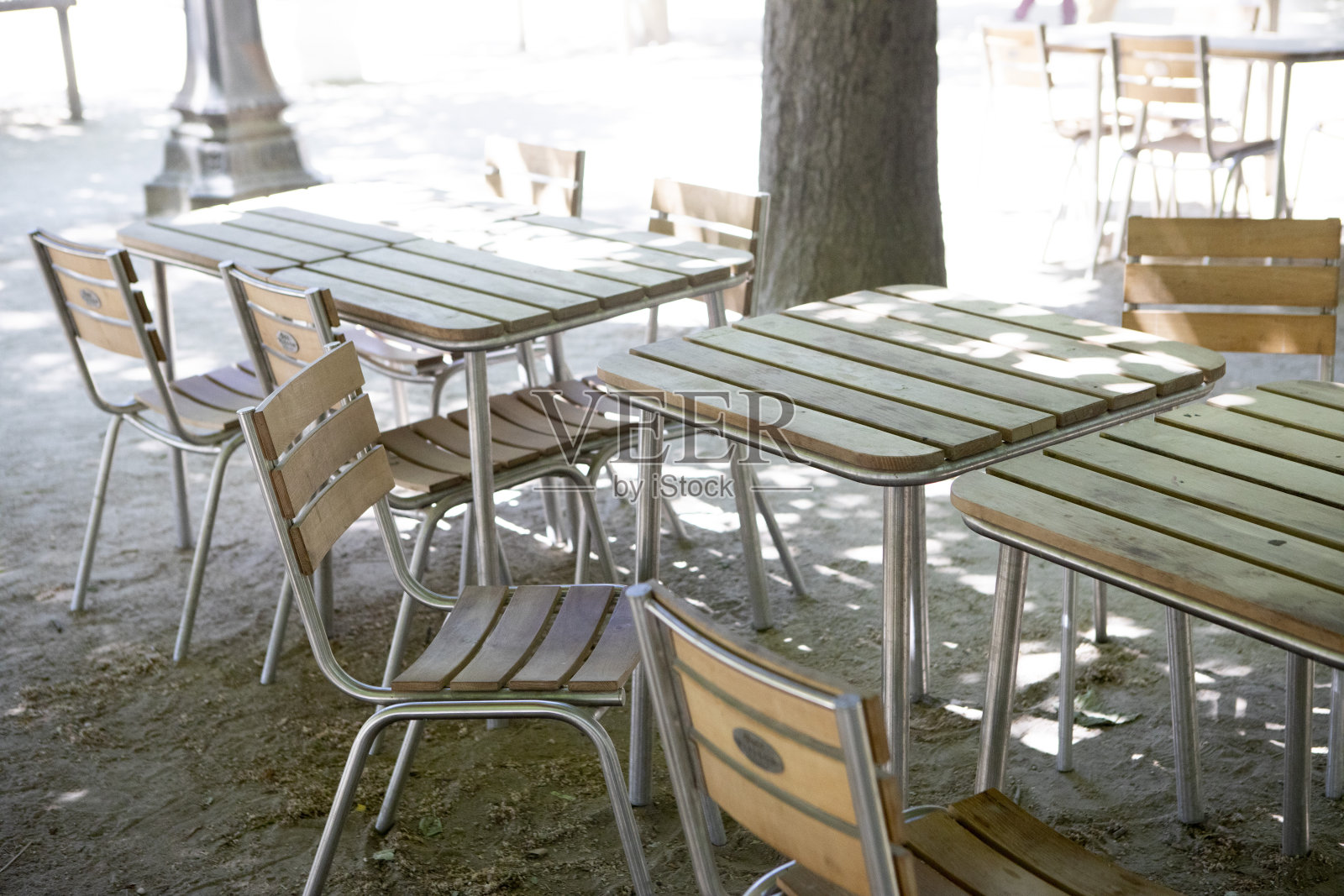 公园里树下的野餐桌椅照片摄影图片