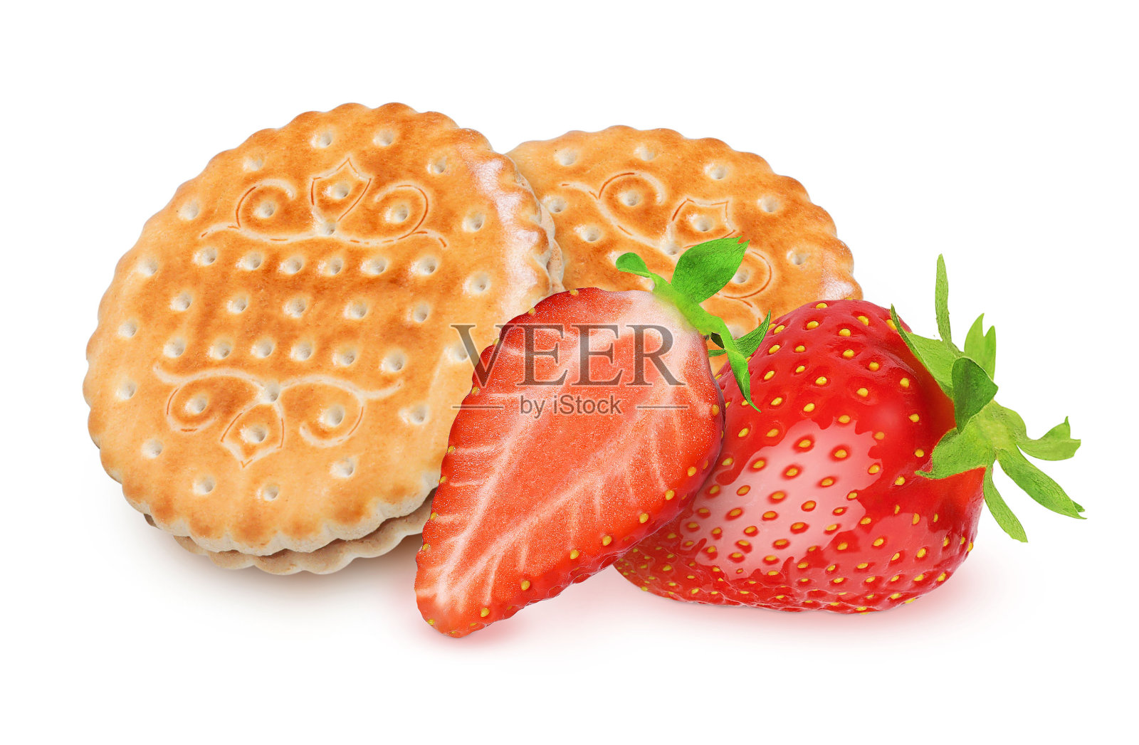 饼干和草莓在孤立的白色背景。草莓味曲奇概念照片摄影图片