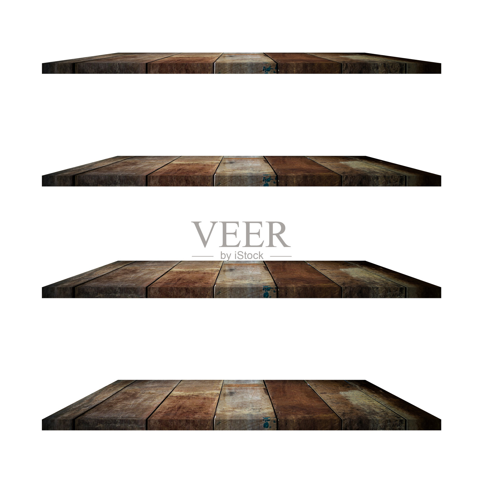 4个白色背景的旧木架子，展示产品的蒙太奇。照片摄影图片