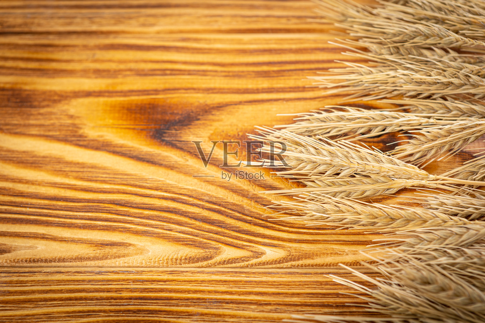 木桌上的麦穗。麦穗在木材背景。收获的概念照片摄影图片