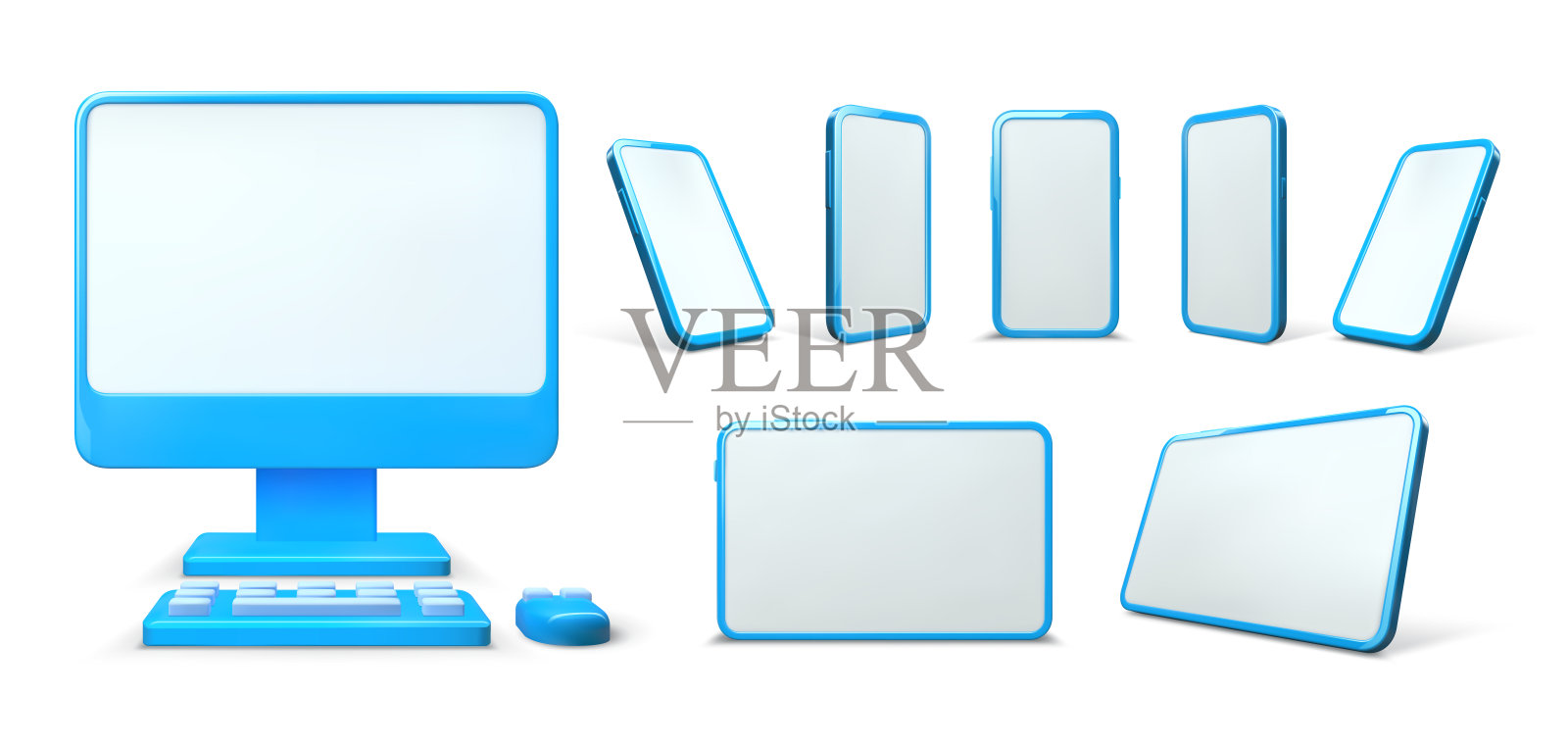 产品3 d模型。手机、平板电脑屏幕和电脑显示器用鼠标和键盘矢量插图集插画图片素材