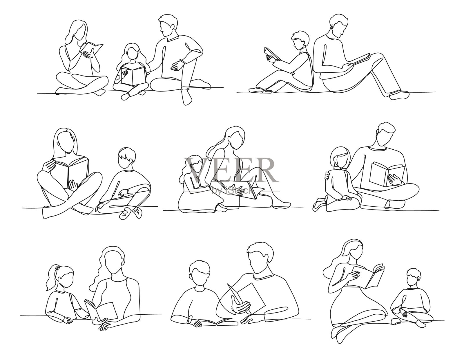 孩子们的一行阅读。读书一家人，父母陪孩子读书。母亲，父亲和孩子与书的生活方式矢量插图集插画图片素材