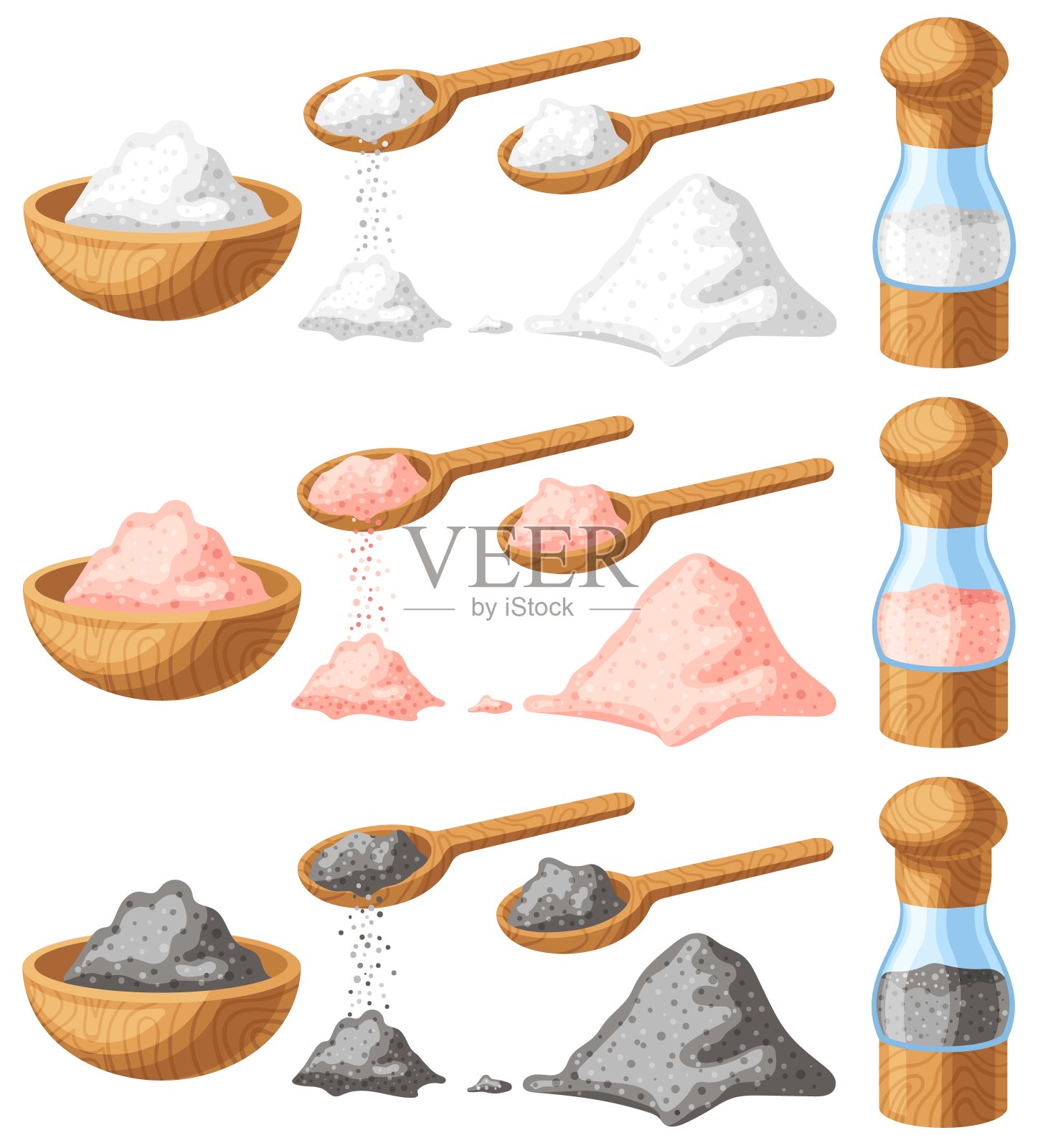 粉红色，黑色和白色的盐。木制摇壶，勺子和碗不同的盐类型卡通矢量插图集设计元素图片
