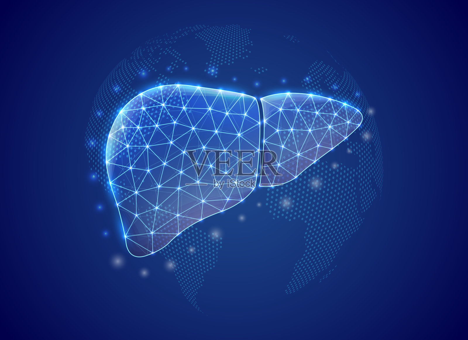 肝脏三维低多边形符号与蓝色世界地图背景。肝炎概念设计插图。带连通点的器官解剖多边形符号插画图片素材