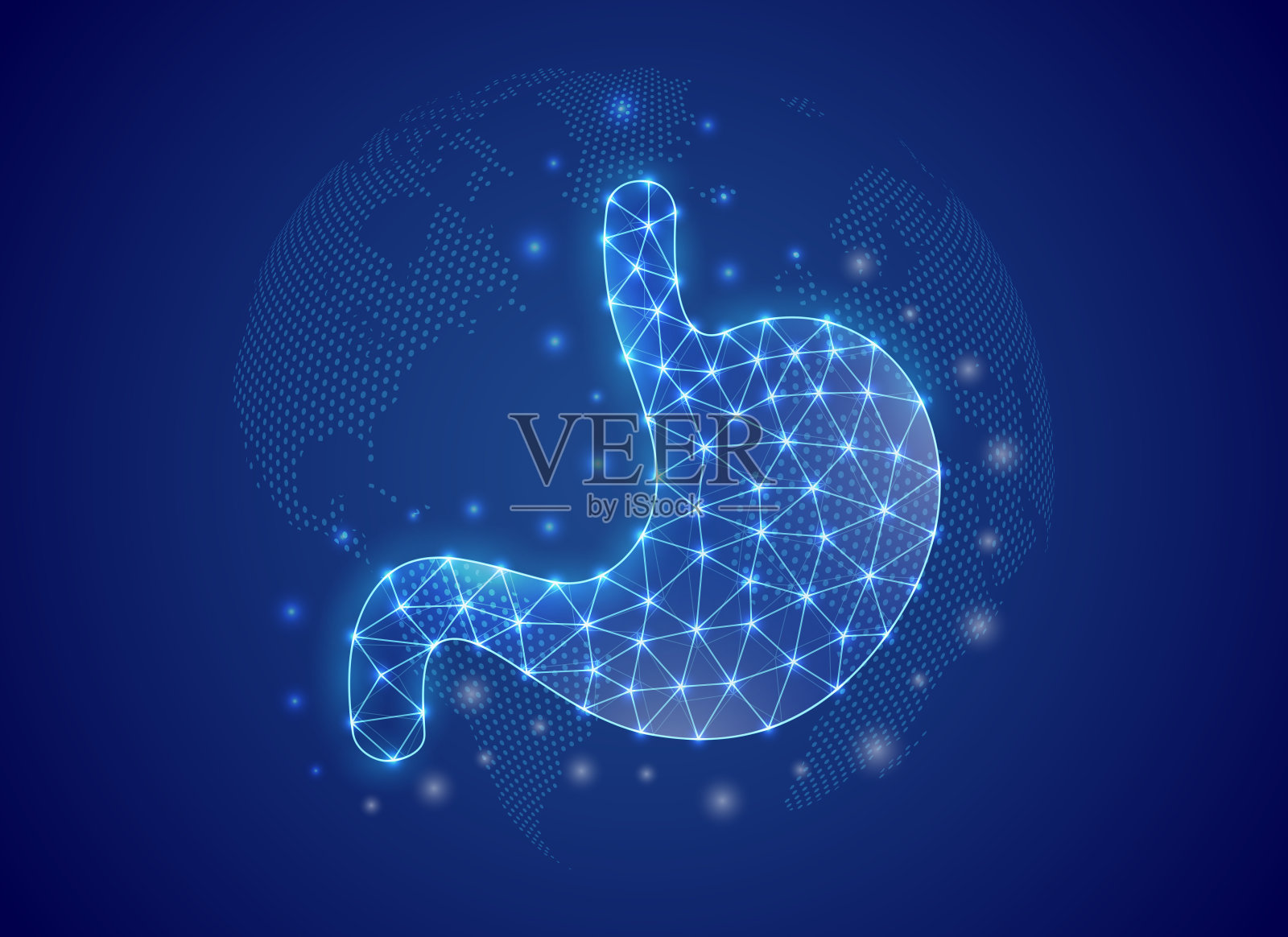 胃三维低多边形符号与世界地图背景。消化系统概念设计说明。带连通点的器官解剖多边形符号插画图片素材