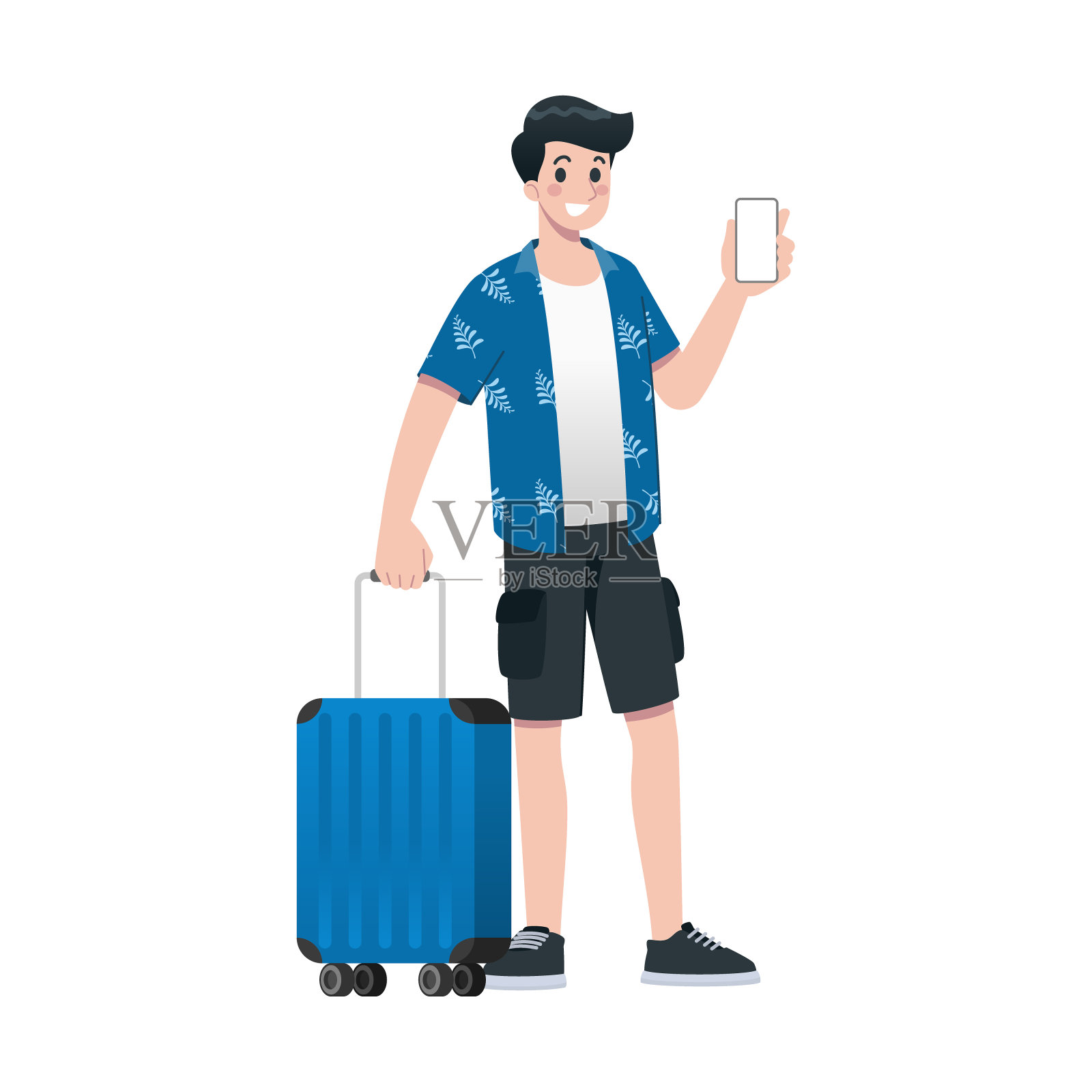 青年快乐的人旅游平卡通人物。旅行男人们在暑假旅行，孤立在白色的背景。插画图片素材