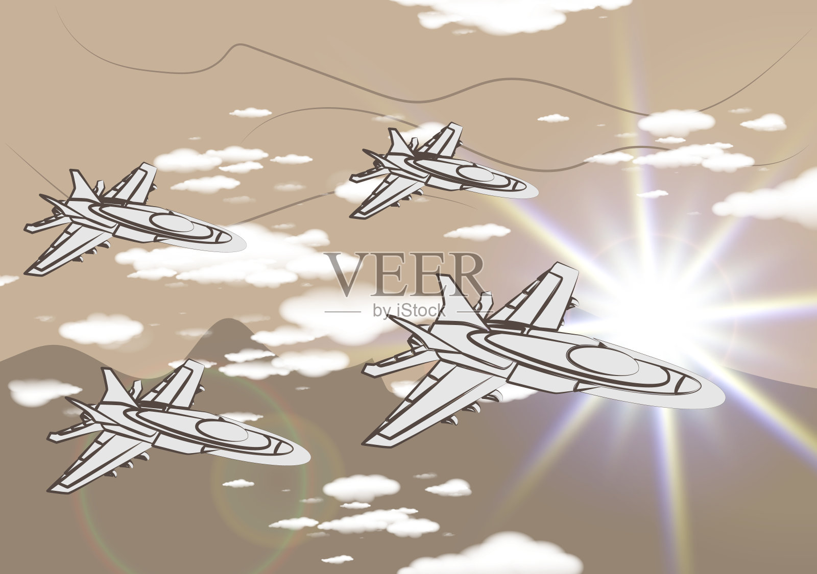 编队喷气式飞机在沙漠上空飞行。战斗机在天空。执行侦察任务或护送任务的军用飞机。空军。军队的行动。矢量图插画图片素材