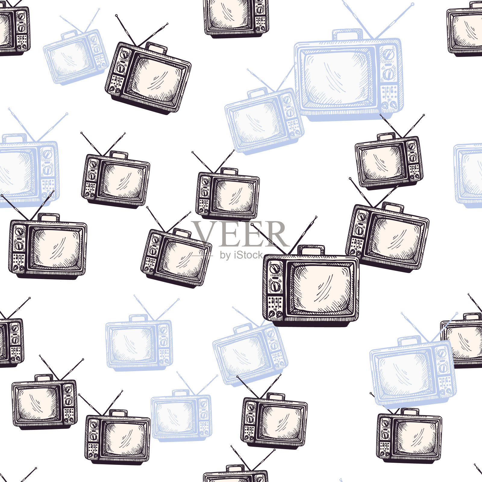 复古电视与天线雕刻无缝图案。复古电视手绘风格。插画图片素材
