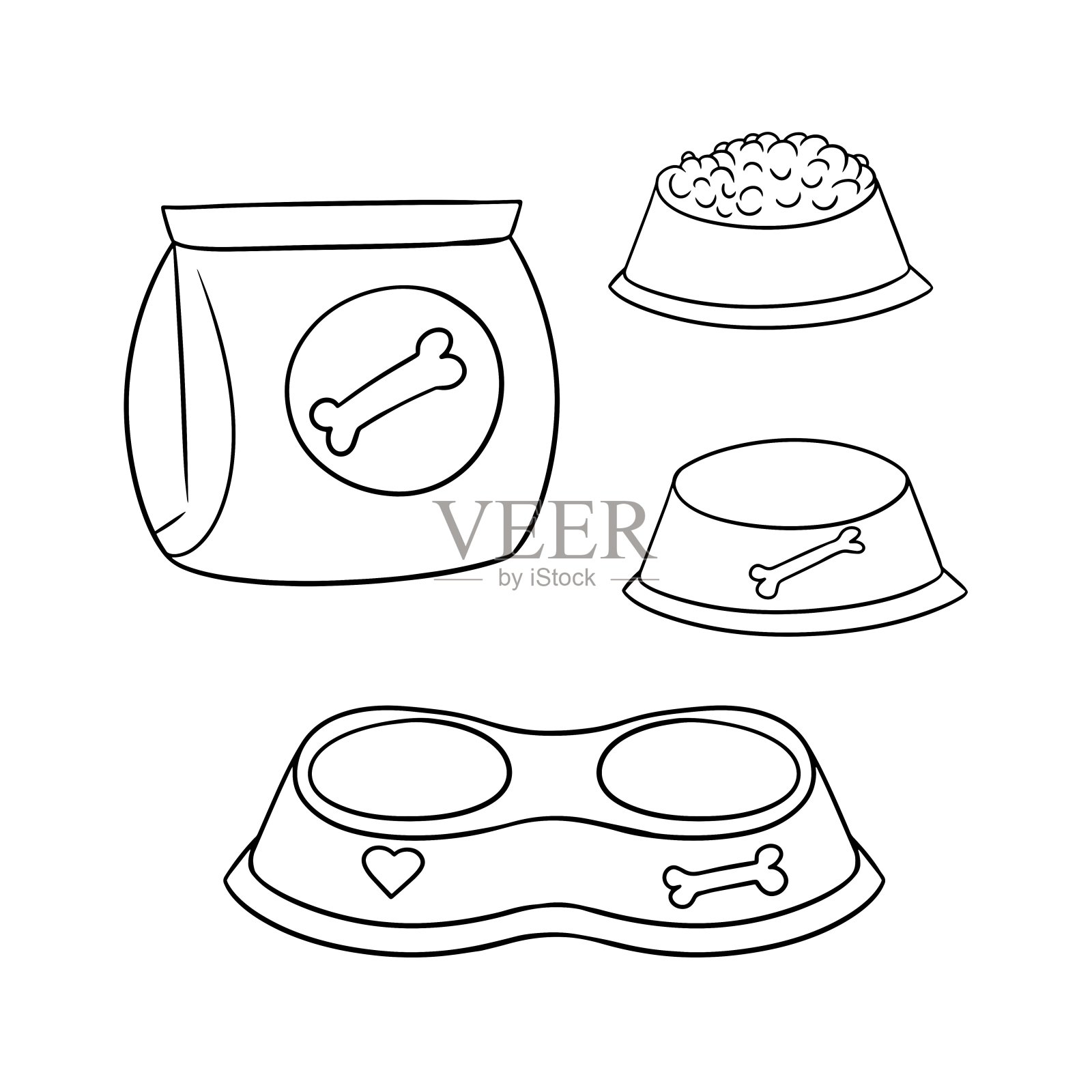 单色组插图，不同的狗碗，食物在一个袋子，矢量卡通插画图片素材