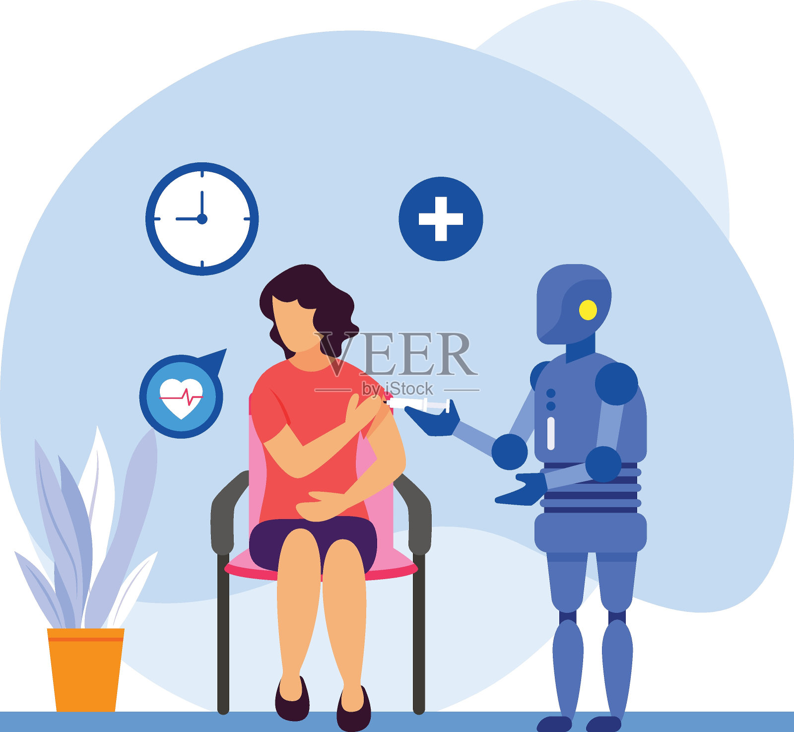 自主机器人执行其第一个肌肉注射概念矢量图标设计，机器人医学符号，医疗保健场景标志，创新人工智能作品在现代诊所股票插画图片素材