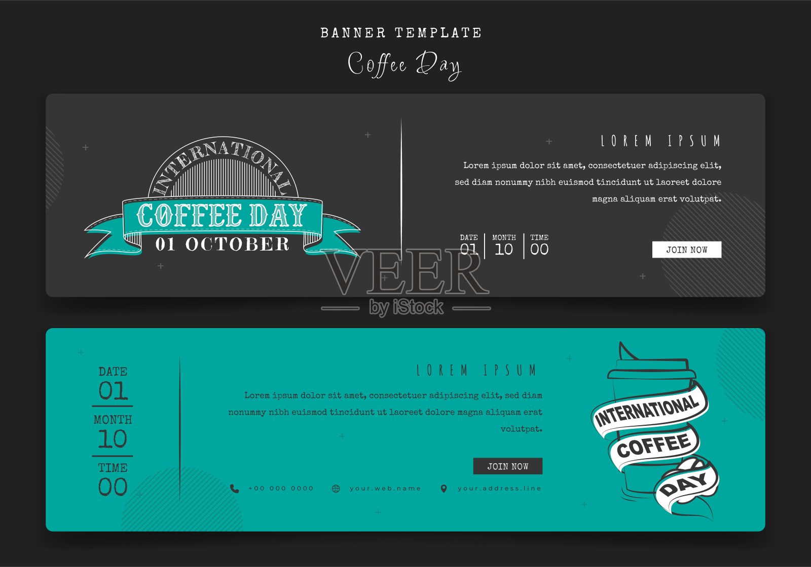 旗帜模板在景观绿色和灰色的背景为国际咖啡日活动设计模板素材