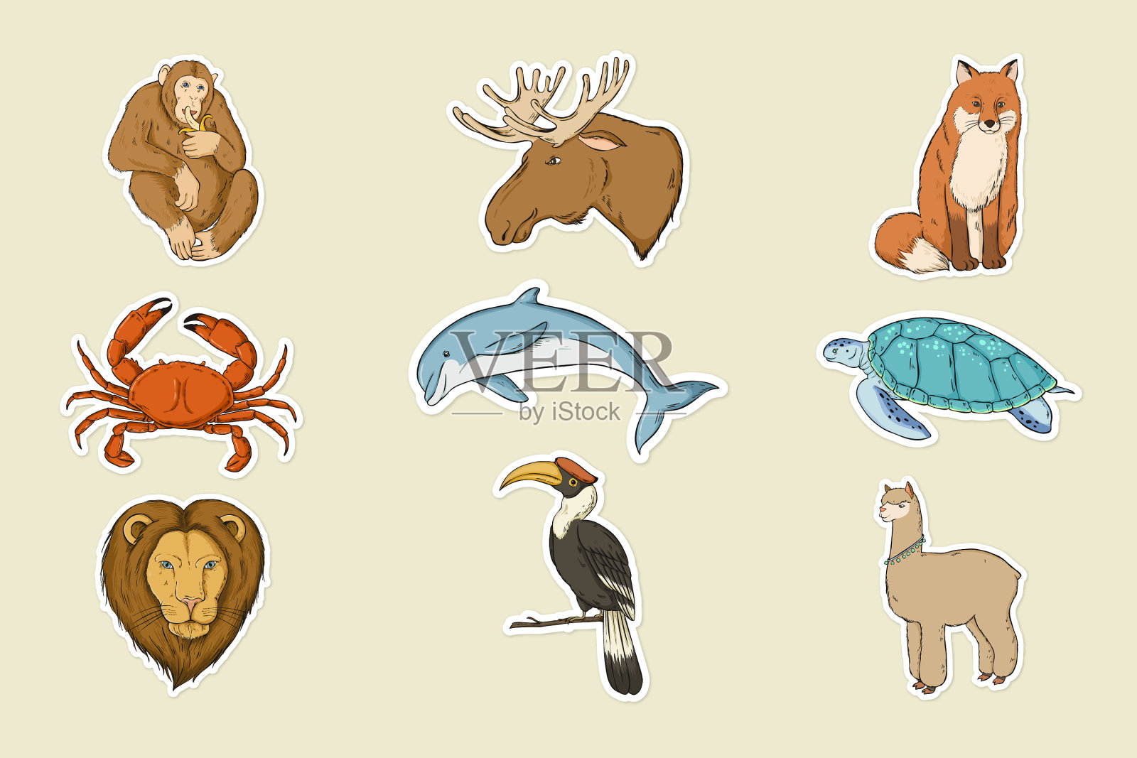 野生动物彩色贴纸集插画图片素材