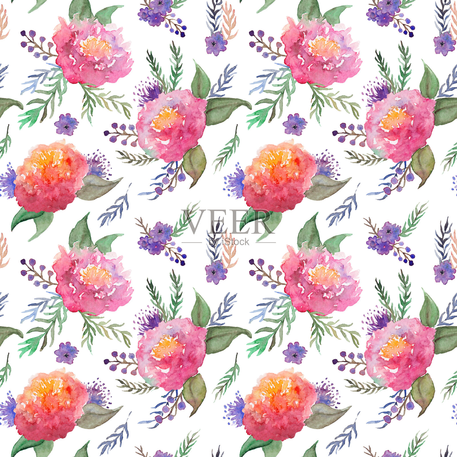 水彩手绘紫花勿忘我紫罗兰花叶枝花卉组成花束孤立艺术插画图片素材