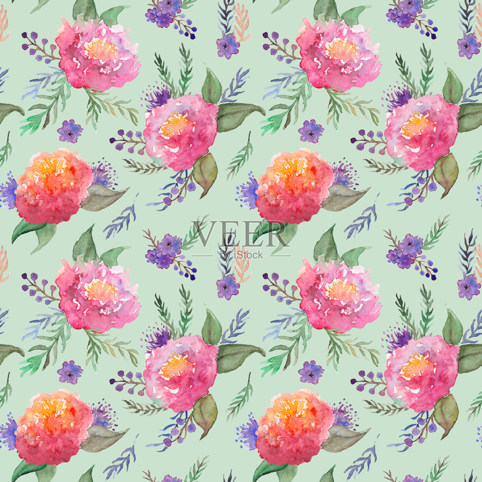 水彩手绘紫花勿忘我紫罗兰花叶枝花卉组成花束孤立艺术插画图片素材