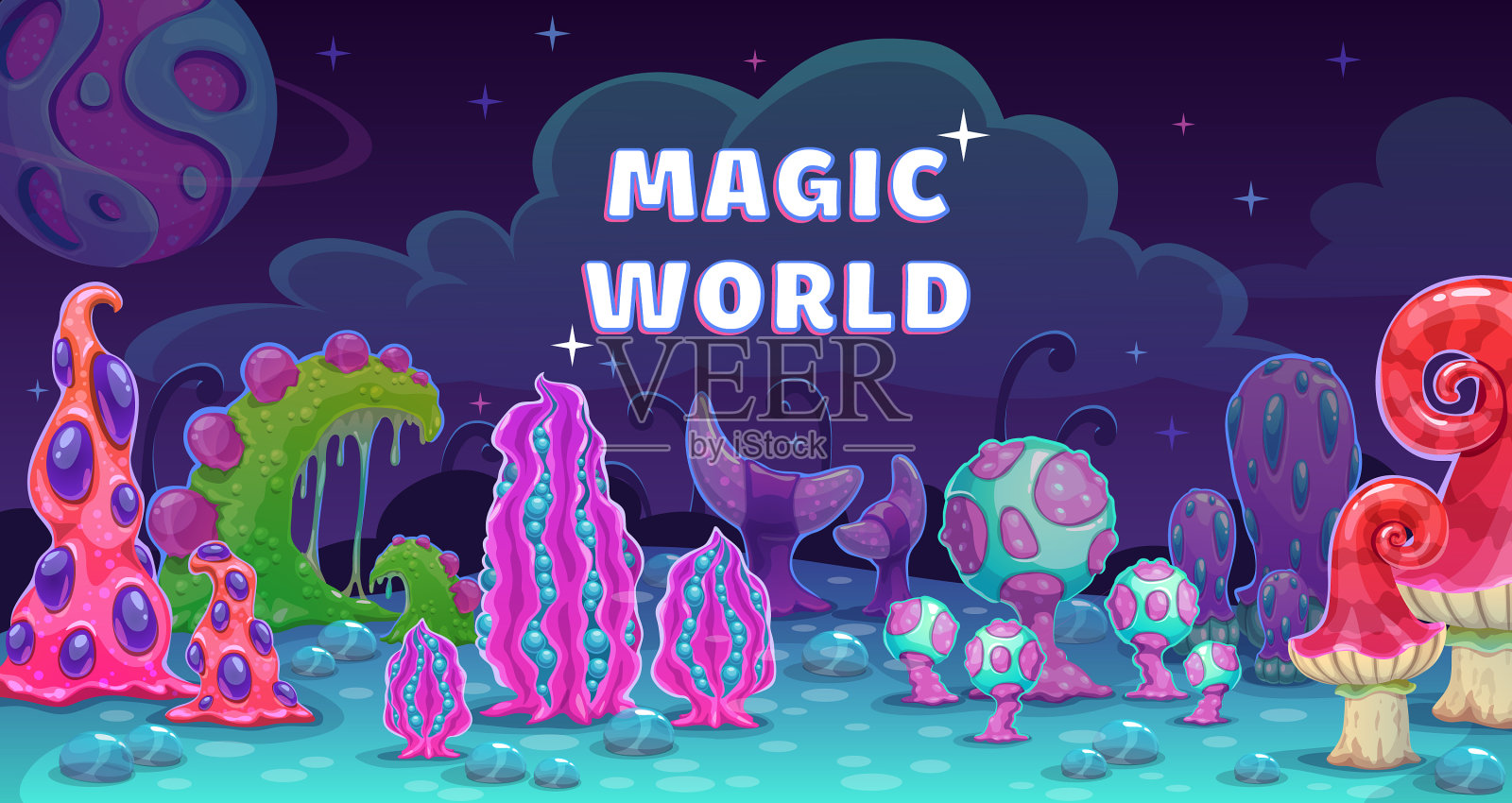 奇幻卡通外星人世界景观魔幻场景插画图片素材