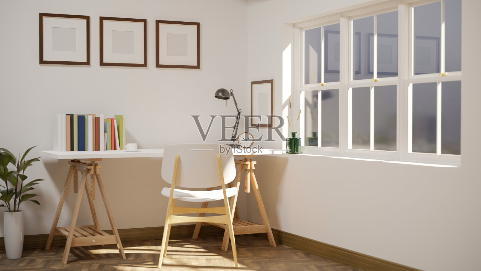 简约的白色斯堪的纳维亚工作空间内部，白色墙壁上有工作台和框架模型。照片摄影图片